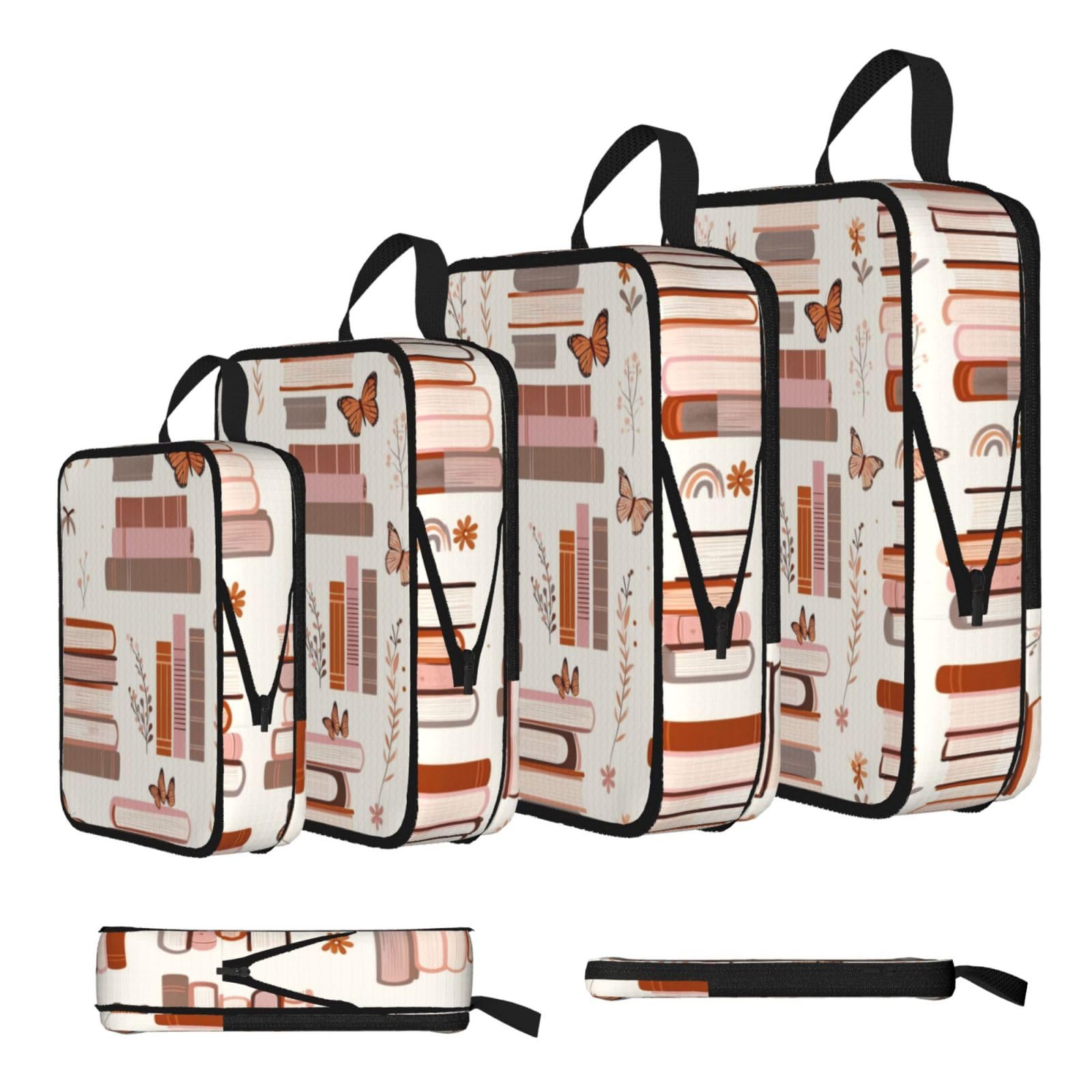 Book and Butterfly Print Packing Cubes for Travel Space Saver Bags, Compression Packing Cubes Set of 4, Expandable Luggage Organisers, Suitcase Organiser Bags