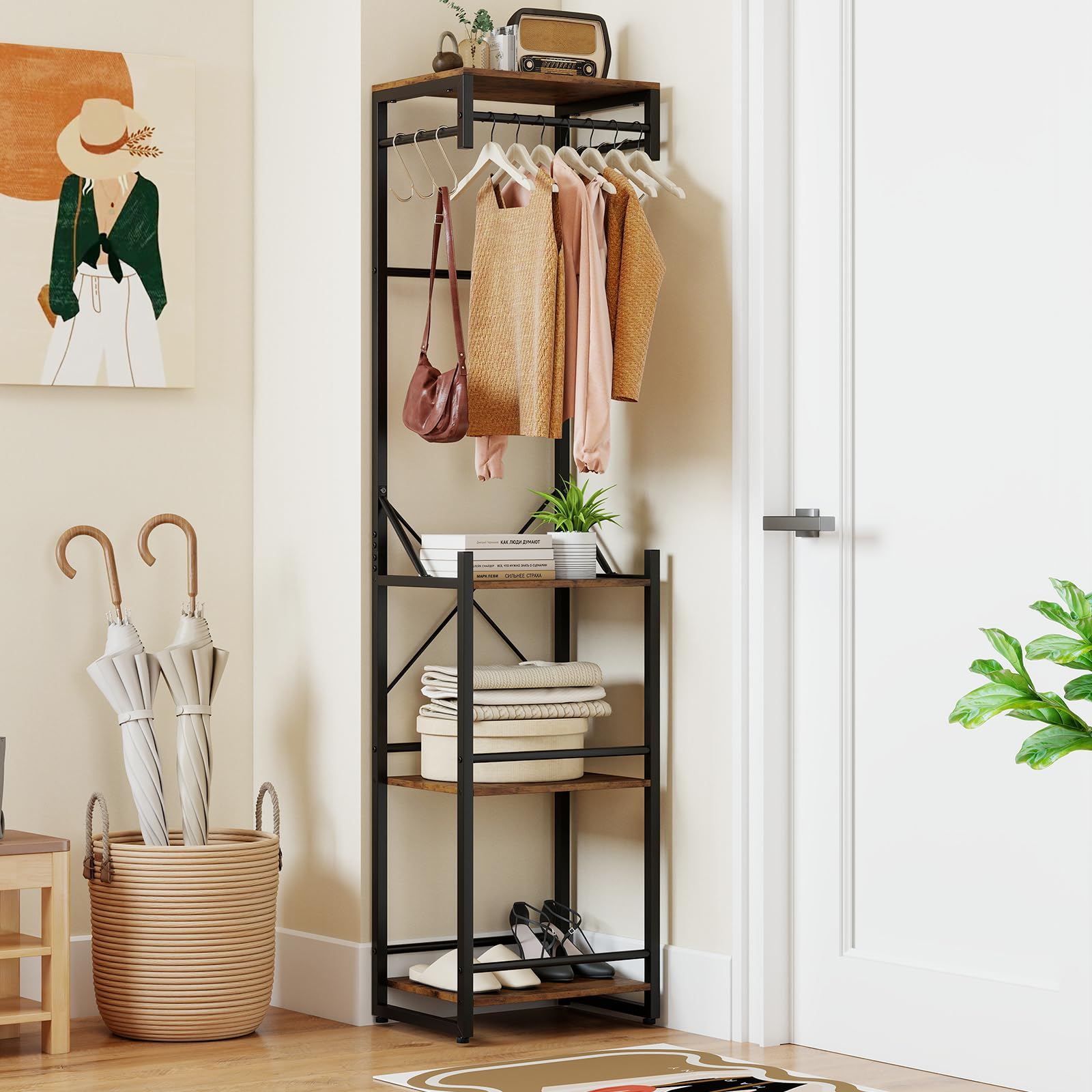 COSTWAY Perchero Burro Ropa, Perchero de Pie, 4 Estantes de Almacenamiento, 6 Ganchos y 3 Barras para Colgar, Colgador Ropa Entrada Pasillo Dormitorio, 40 x 30 x 162 cm, Industrial