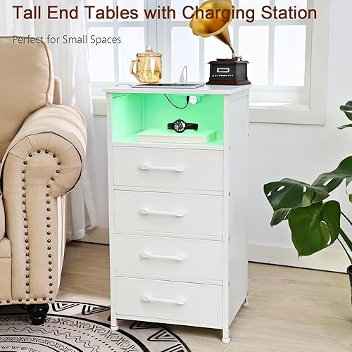 Miniatura 8 de LOAKEKEL Juego de 2 mesitas de noche blancas con estación de carga, mesas auxiliares con 3 cajones de tela, mesita de noche con puerto USB tipo C y