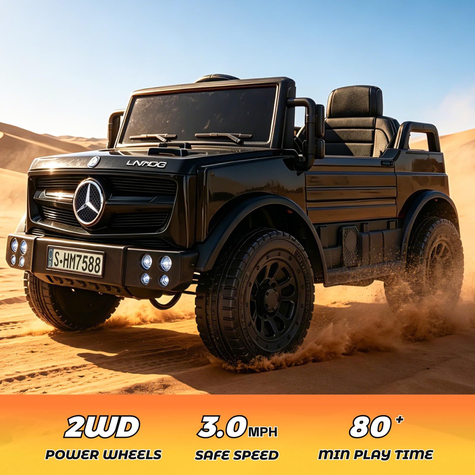 TCARAIWEN Kinderauto Elektro Mercedes-Benz Unimog Lizenz, 12V Elektroauto für Kinder 3-6 Jahre, Kinderfahrzeug mit Fernbedienung, 3-Punkt-Gurt, Bluetooth, 5 km/h (Schwarz)
