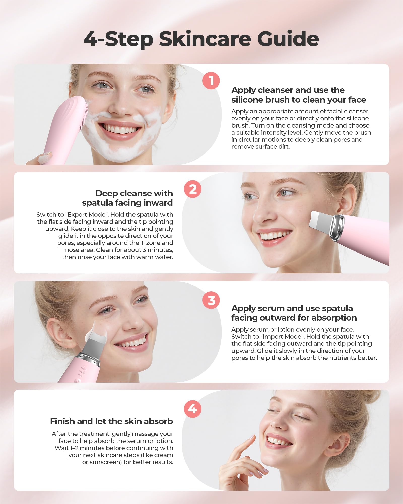 Facial Cleansing Brush, 2 in 1 Firming Massager Facial Skin Scrubber Waterproof Face Scrub for Deep Cleansing Vibrating Exfoliator Scrubber Skin Care with 7 Modes, Gentle Exfoliating - Pink