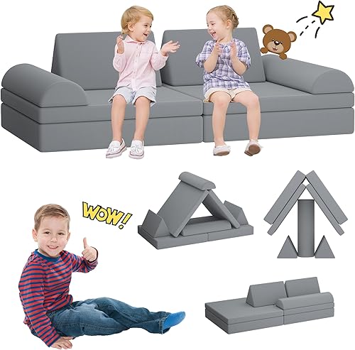 Miniatura 13 de Sofá modular de juego para niños, 10 piezas, sofá modular para niños pequeños y bebés, sofá de construcción de fortaleza para niños, sofá de juego