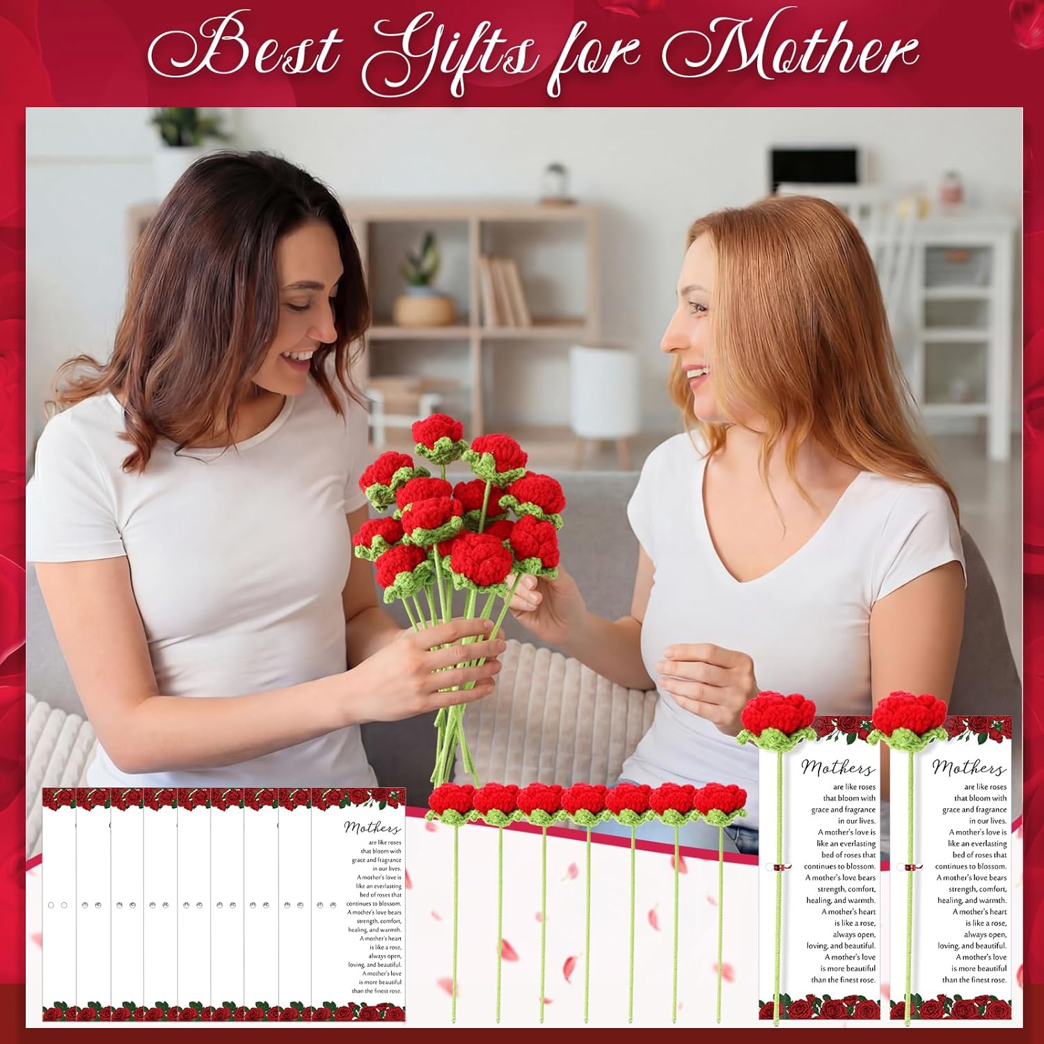 Sayglossy 30 Sets Mother's Day Crochet Rose Bulk Gifts Knitted Roses Crochet Flowers with Mother's Day Card for Church Mom Wife Women
