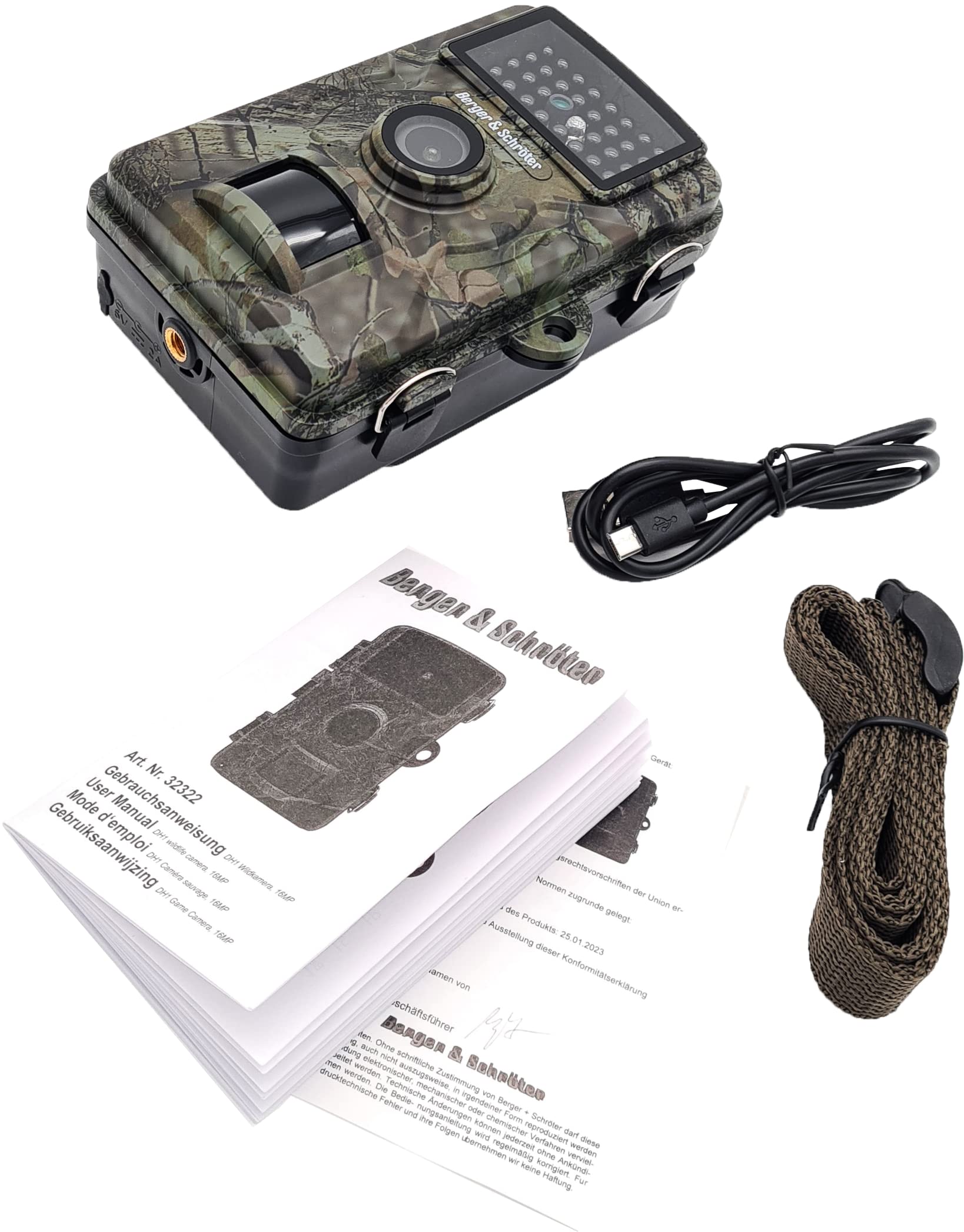 Berger & Schröter DH1 - Cámara de Caza (16 MP, Full HD, con Detector de Movimiento, Invisible, no Brilla, 940 NM, luz LED, visión Nocturna, 0,7 s, Disparo rápido, IP66, Resistente al Agua, 32 GB, 90°
