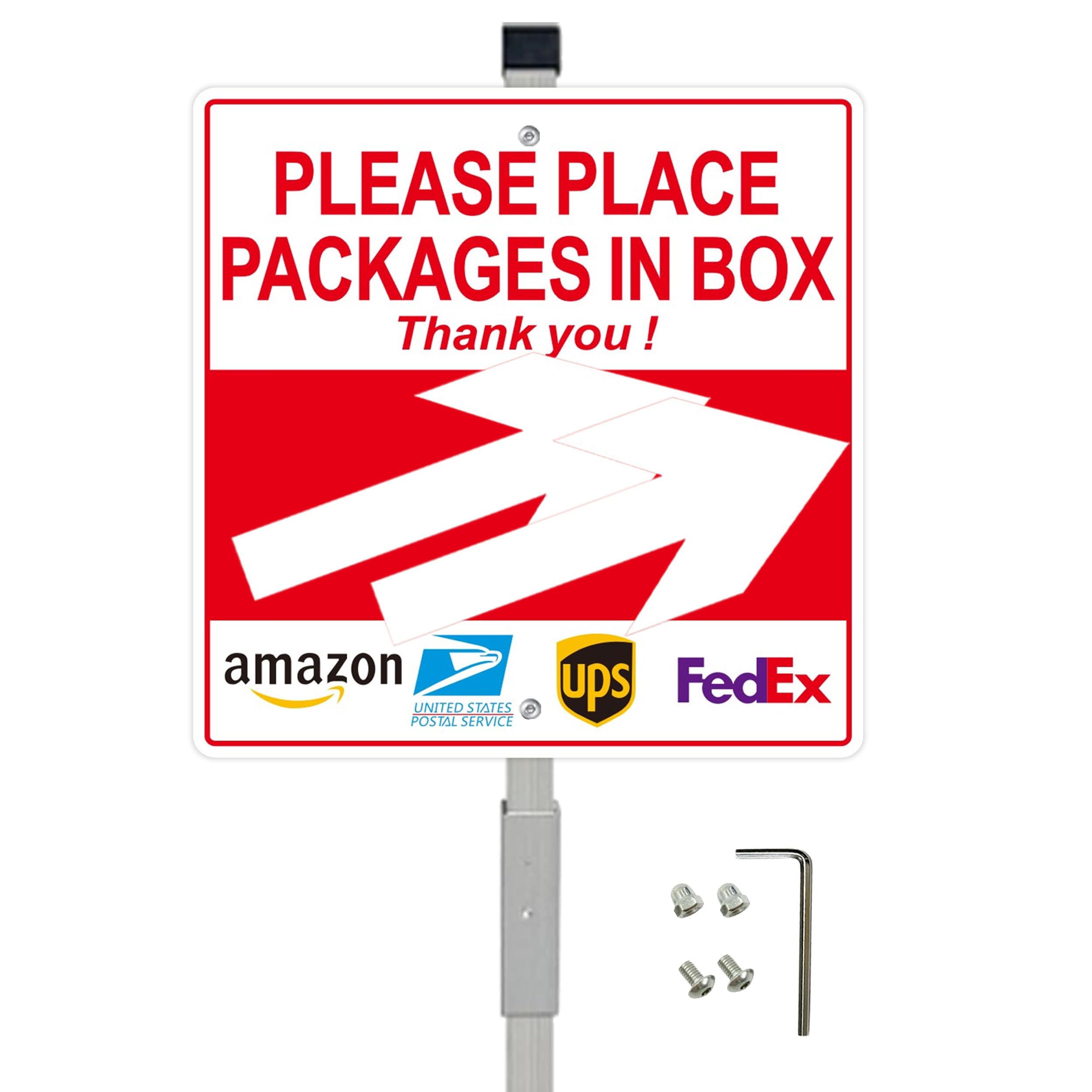 Photo 1 of ?1 Pack?Package Delivery Sign with 28 Inch Aluminum alloy Post Stakes, Two Adjustable Direction Arrows Please Place Packages in Box, 10x10 Inch Aluminum