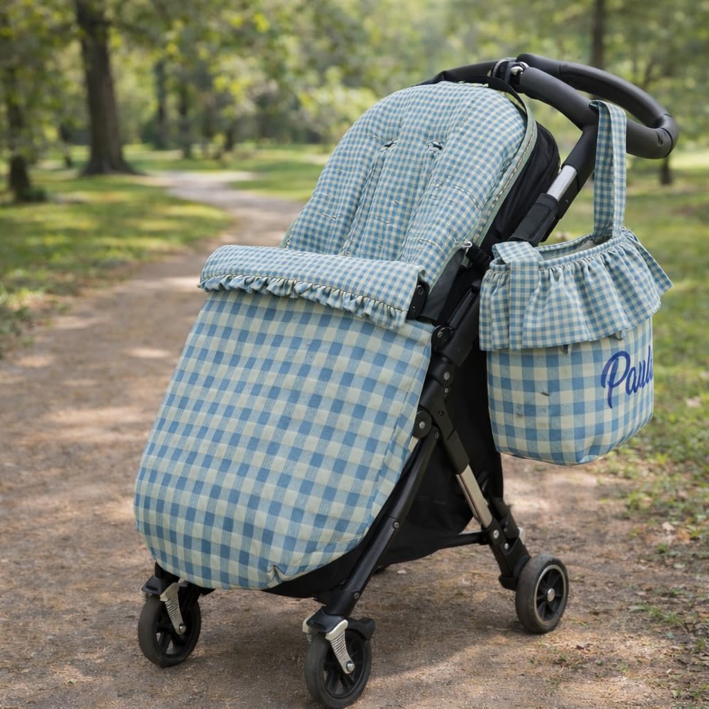 Nenel – Conjunto de Saco Silla de paseo Universal + Bolso Bombonera Personalizado – Conjunto Saco Universal + Bolsa para carrito bordada con nombre – Vichy y Algodón (Cuadros menta/azul empolvado)