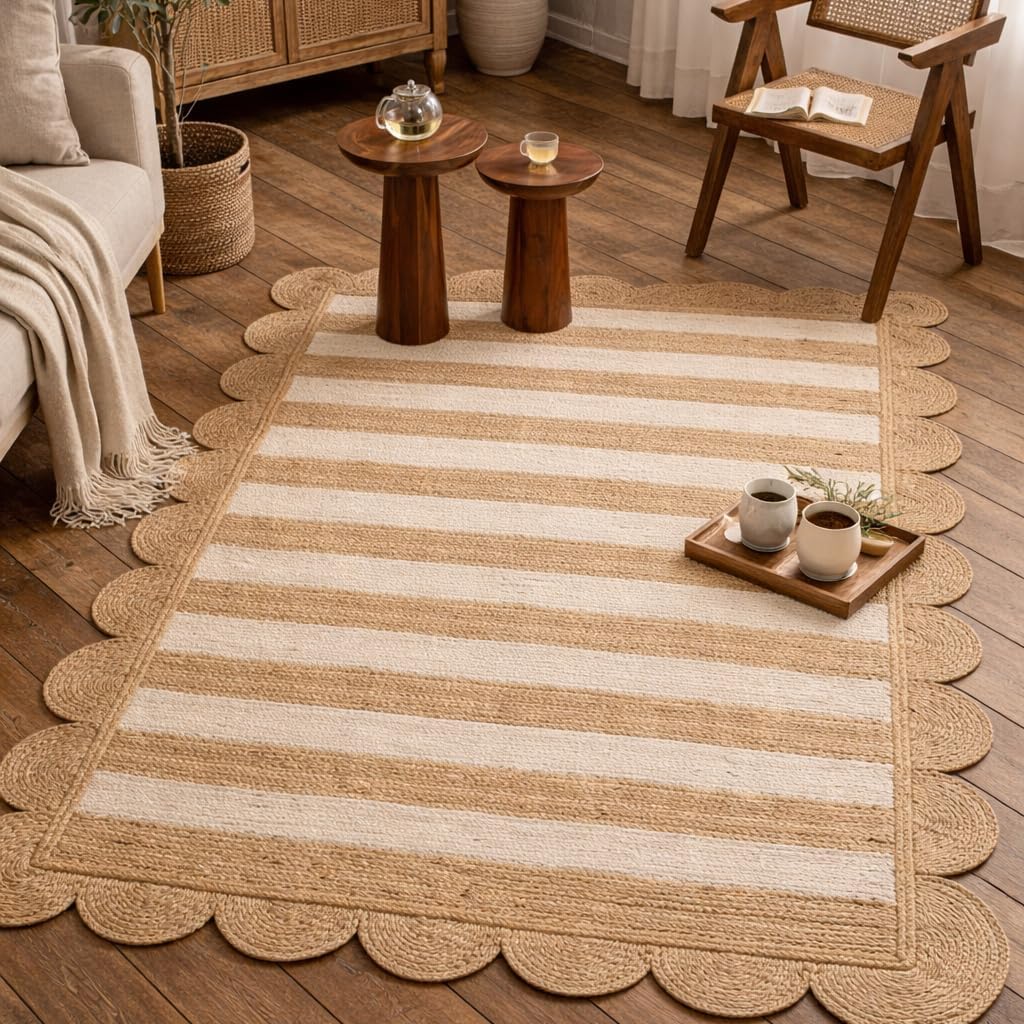 HOMEMONDE Scalloped Jute Area Rug 6'x9' Natural Stripe - Boho Home Décor Farmhouse Style Eco-Friendly Fiber Rug Hand Braided Rustic Vintage for Living Room, Bedroom, Dining Room, Hallway, Kitchen