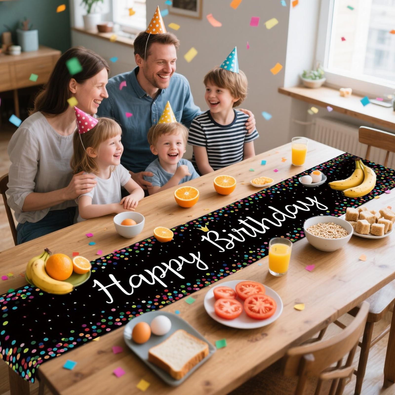 QGGTQG Tafelloper voor verjaardag, 180 x 33 cm, 2 stuks bont Happy Birthday tafelkleed, feesttafelloper, verjaardagsdecoratie, linnen, tafeldecoratie, verjaardag (zwart wit