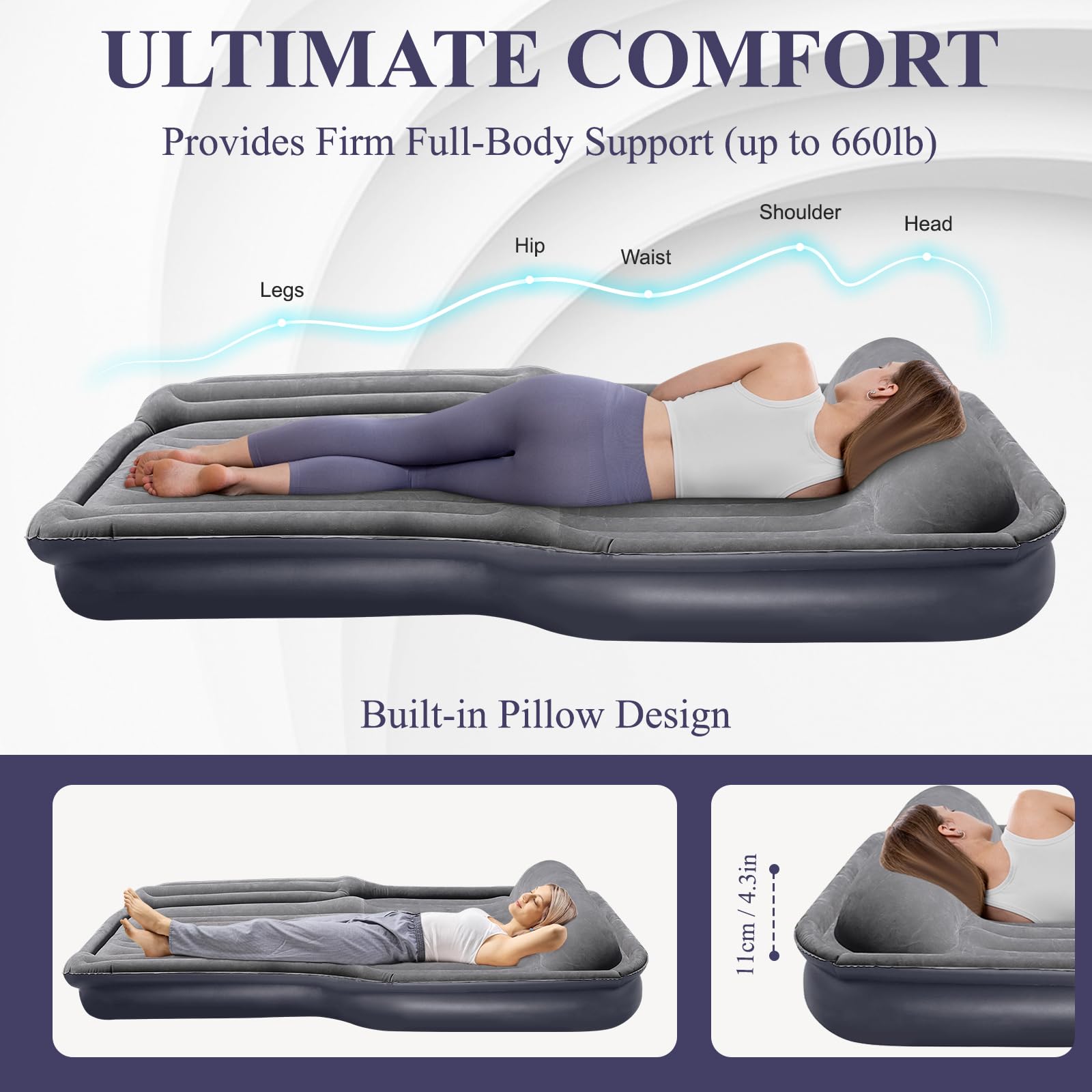 KMZ Inflatable Air Mattress with Built-in Electric Pump -Self Inflatable/Deflation Blow Up Mattress in 90 Seconds- Flocked Top Carbed with Carry Bag for Travel, Camping