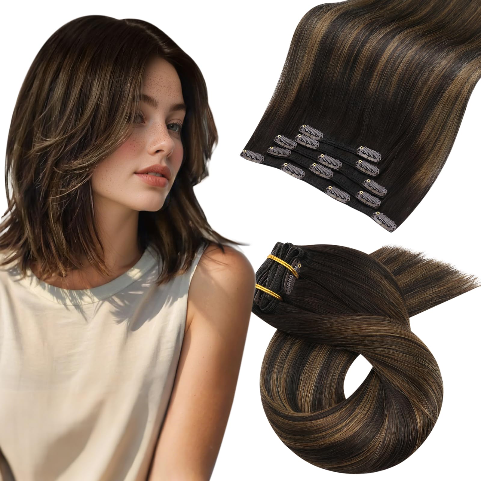 Moresoo Extension Cheveux Naturel Clip Balayage Brun le plus Foncé avec Brun Moyen Extension Clip Cheveux Naturel Remy Lisse Courte #2/6/2 30 cm 5 Pièces 80g