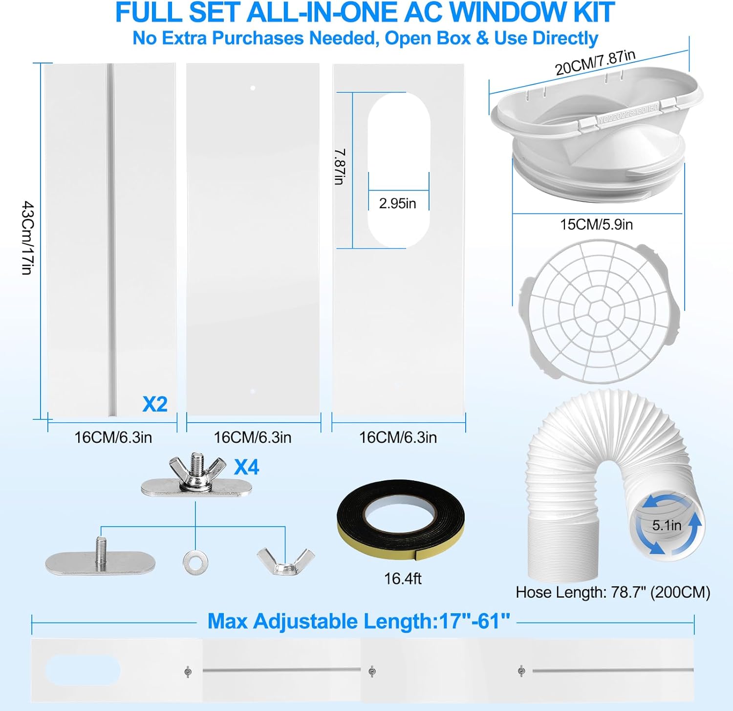 Universal Portable AC Window Kit, AC Window Vent Kit with 5.1"x78.7" Anti-Clockwise Exhaust Hose for Horizontal & Vertical Sliding Windows (6.3"W Panel)