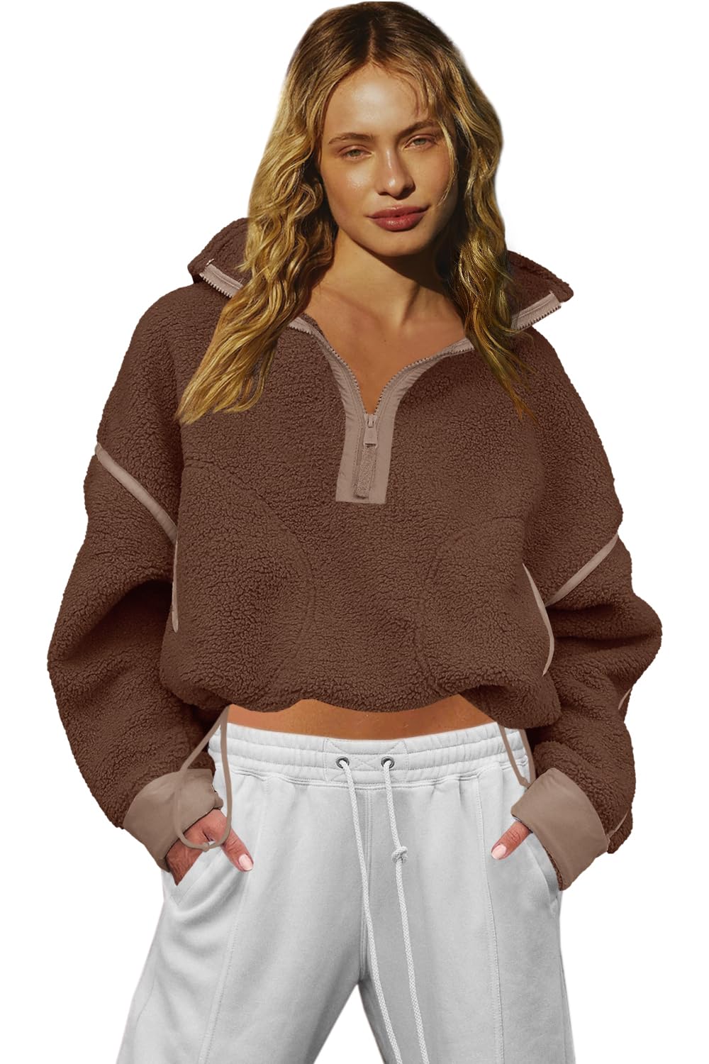 LAMISSCHE Half Zip Sweatshirt Women Oversized Sherpa Jacket V Neck Fleece Pullover Hoodie with Pockets