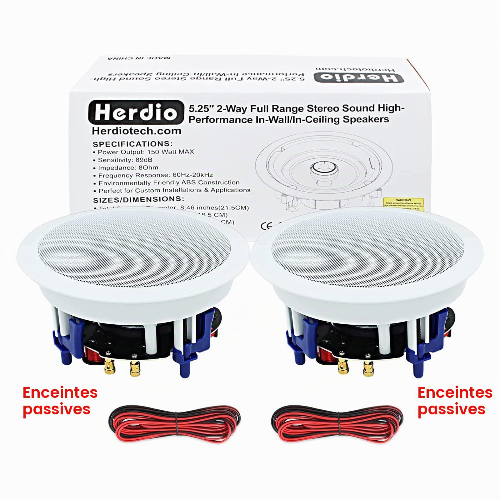 Herdio 5,25 Pouces Enceinte Encastrable Plafond Haut-Parleur 8 ohms 300 Watts