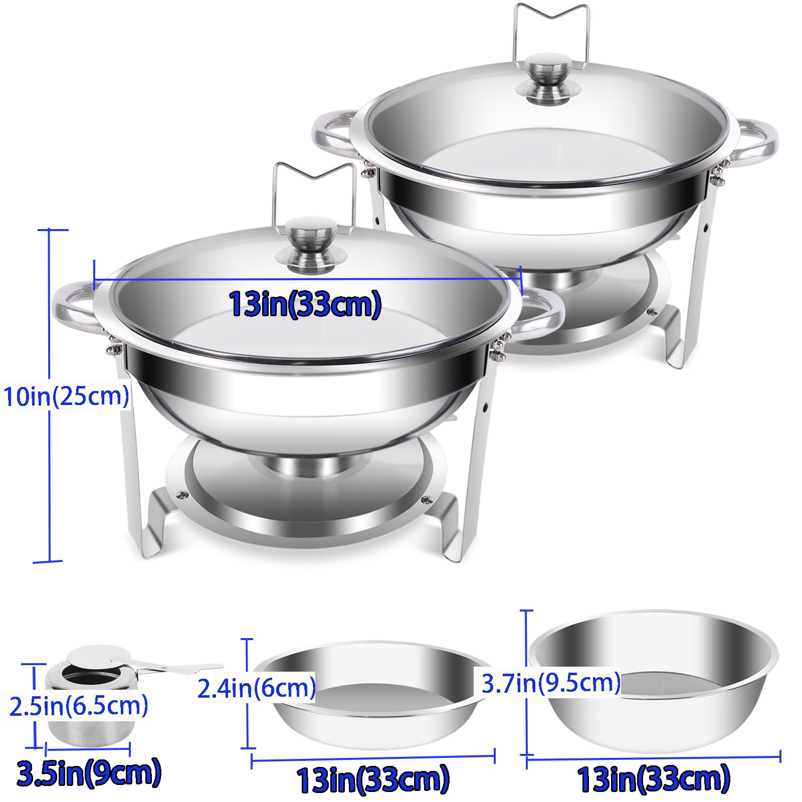 Juego de 2 platos para frotar, 5 cuartos de galón, olla redonda para mantener caliente, con tapa de vidrio y soporte, mantiene la comida caliente para fiestas, catering, boda, camping, cena