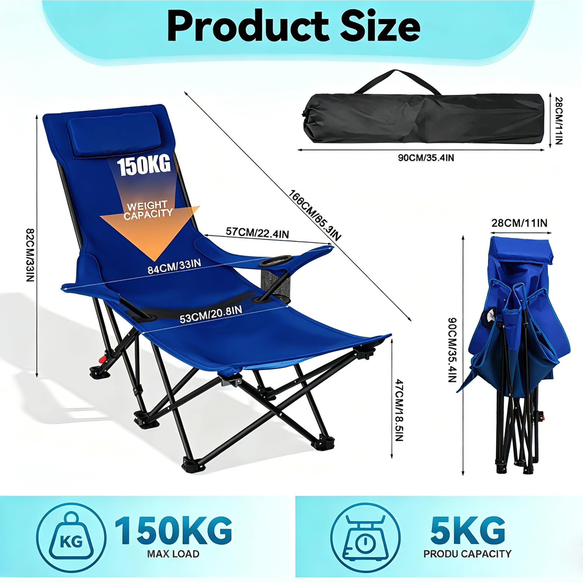 Sedia pieghevole da campeggio e da spiaggia con schienale regolabile in quattro posizioni, portabicchieri e borsa per il trasporto, portata fino a 150 kg, ideale per campeggio e attività