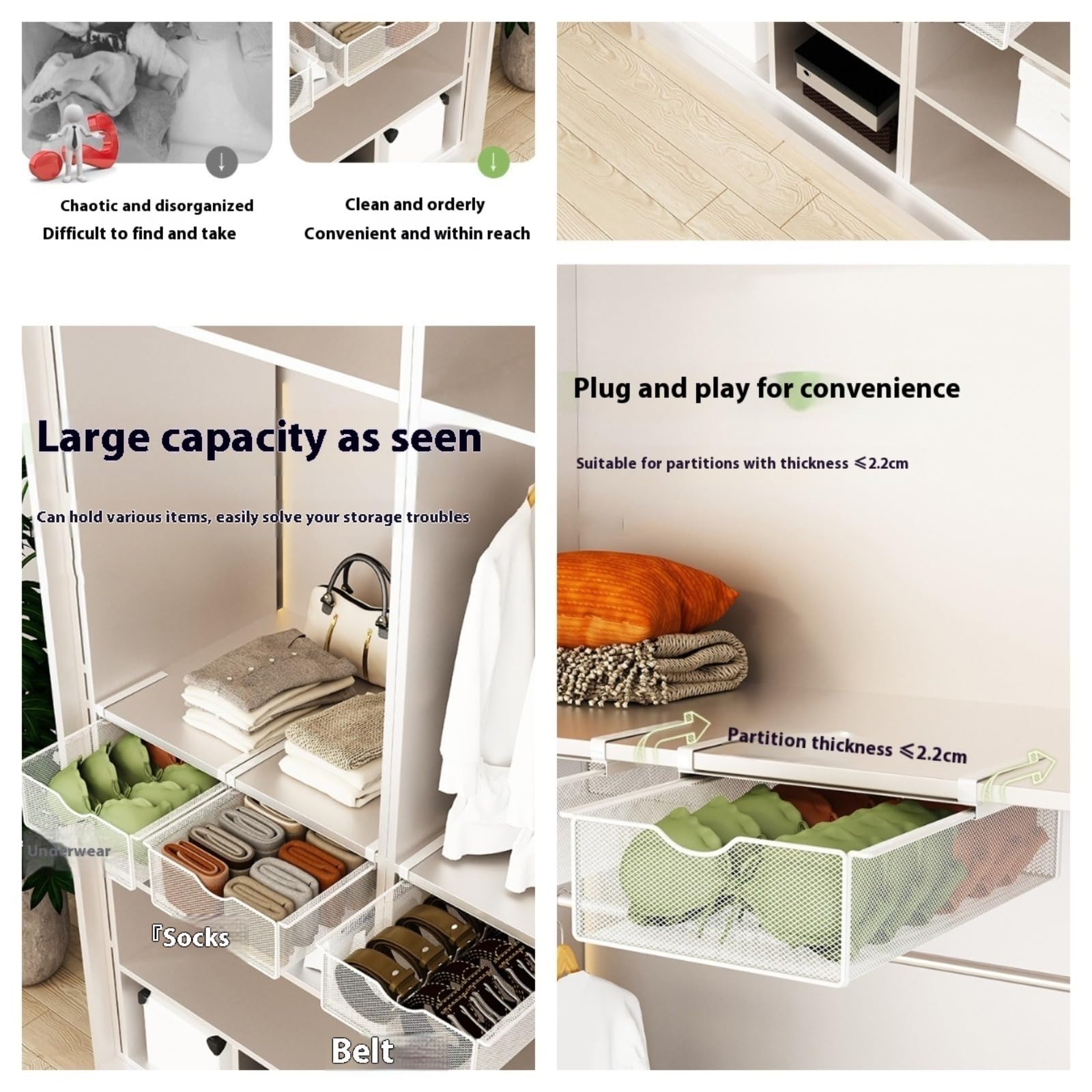 Panier en Fer à Tiroir Coulissant Suspendu, Panier de Rangement Coulissant sous Étagère, Organisateur de Rangement sous Armoire pour Chambre à Coucher/Comptoir/Armoire，4 styles disponibles