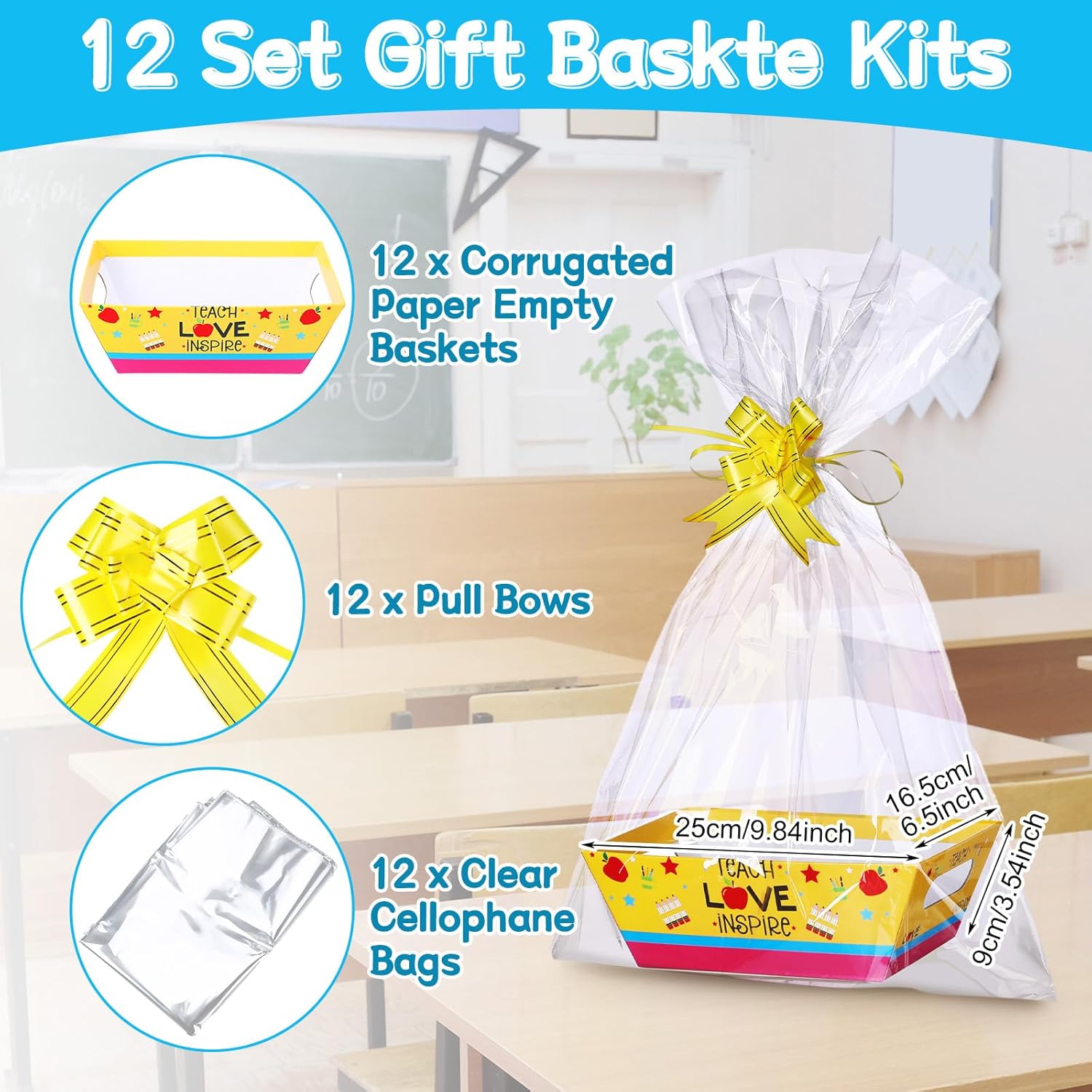 SiliFine 12 Set Baskets for Gifts Empty Teacher Gift Baskets with Pull Bows 9.84 x 6.5 x 3.54 Inch Present Bags Boxes for Teachers' Day Appreciation Graduation Back to School Party Supplies