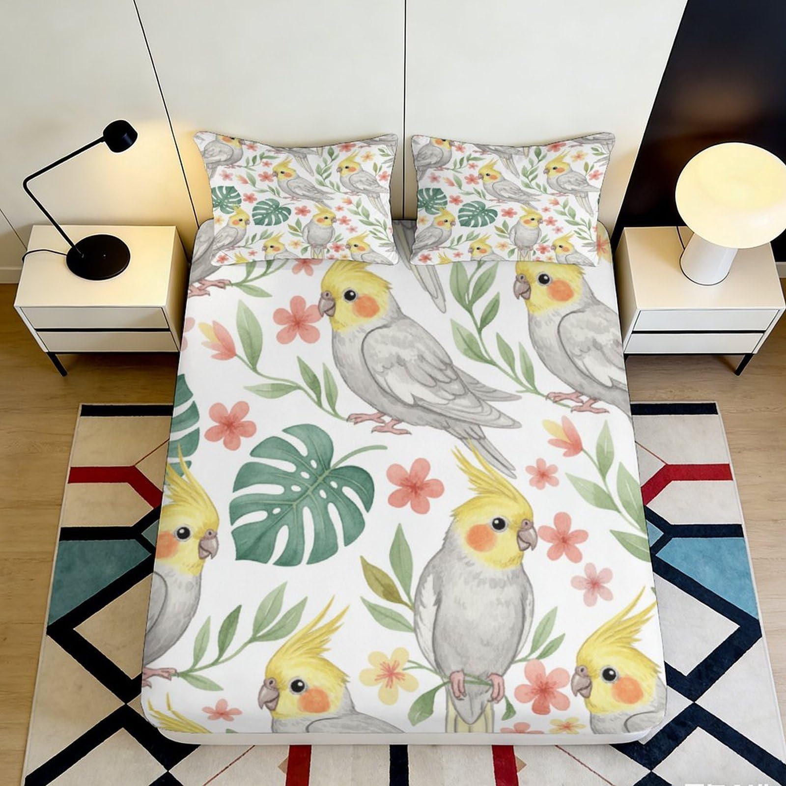 3D Printed Cockatoo Pattern Fitted Sheet Microfiber Soft Breathable Tropical Leaves Bed Cover for Bedroom Dormitory Guest Room Mattress Protection 120x200x25cm