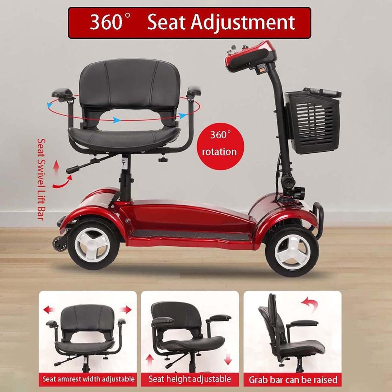 Scooter électrique 4 roues (charge 200 kg) - Siège pivotant à 360° (hauteur réglable), 8 roues + phare LED, poignée anneau + frein électromagnétique, pour personnes âgées, handicapées, adultes, blan