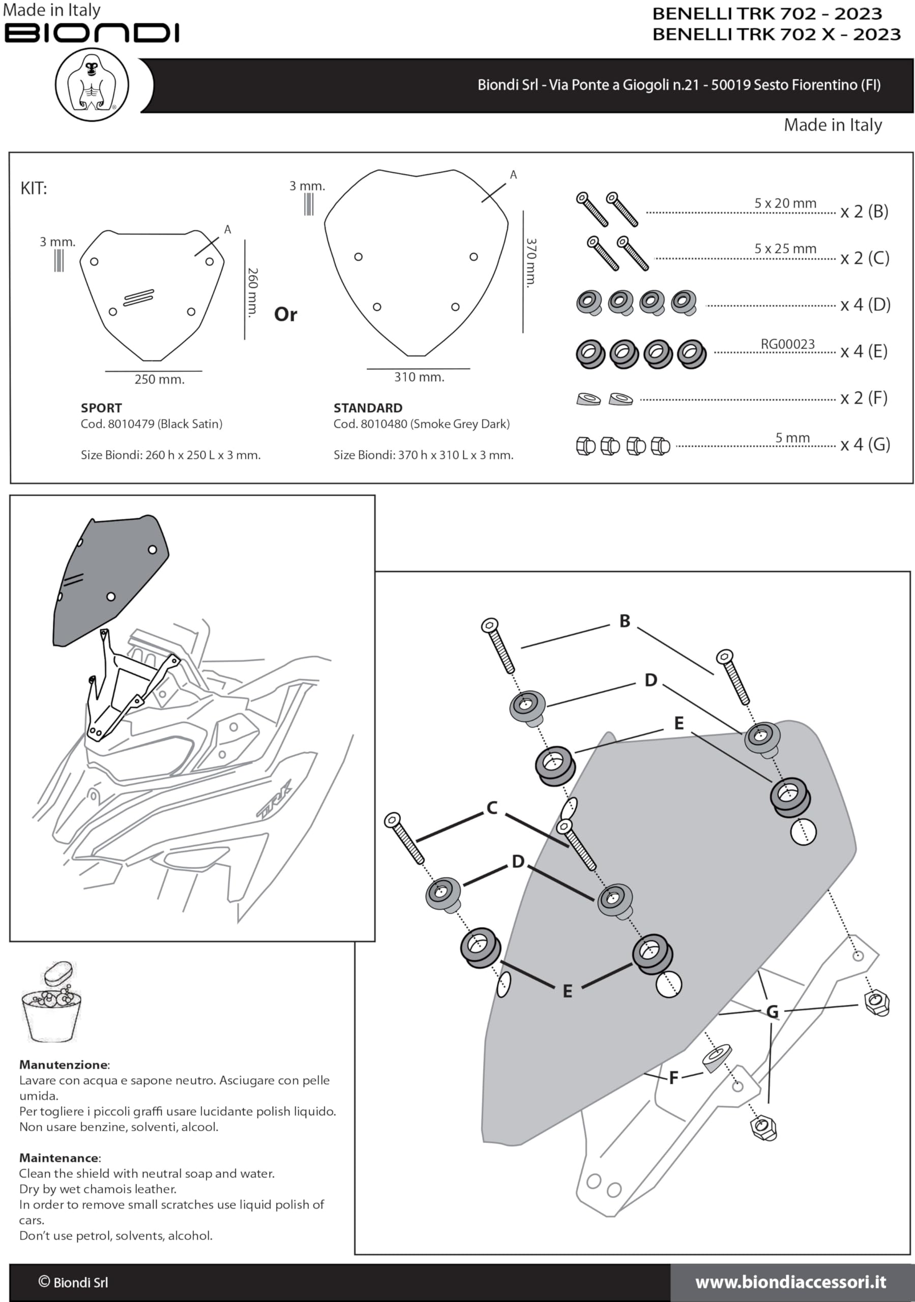 Biondi Cupolino Sport Nero satinato compatibile con BENELLI TRK 702/x 2023 -> - Spoiler per Motocicletta