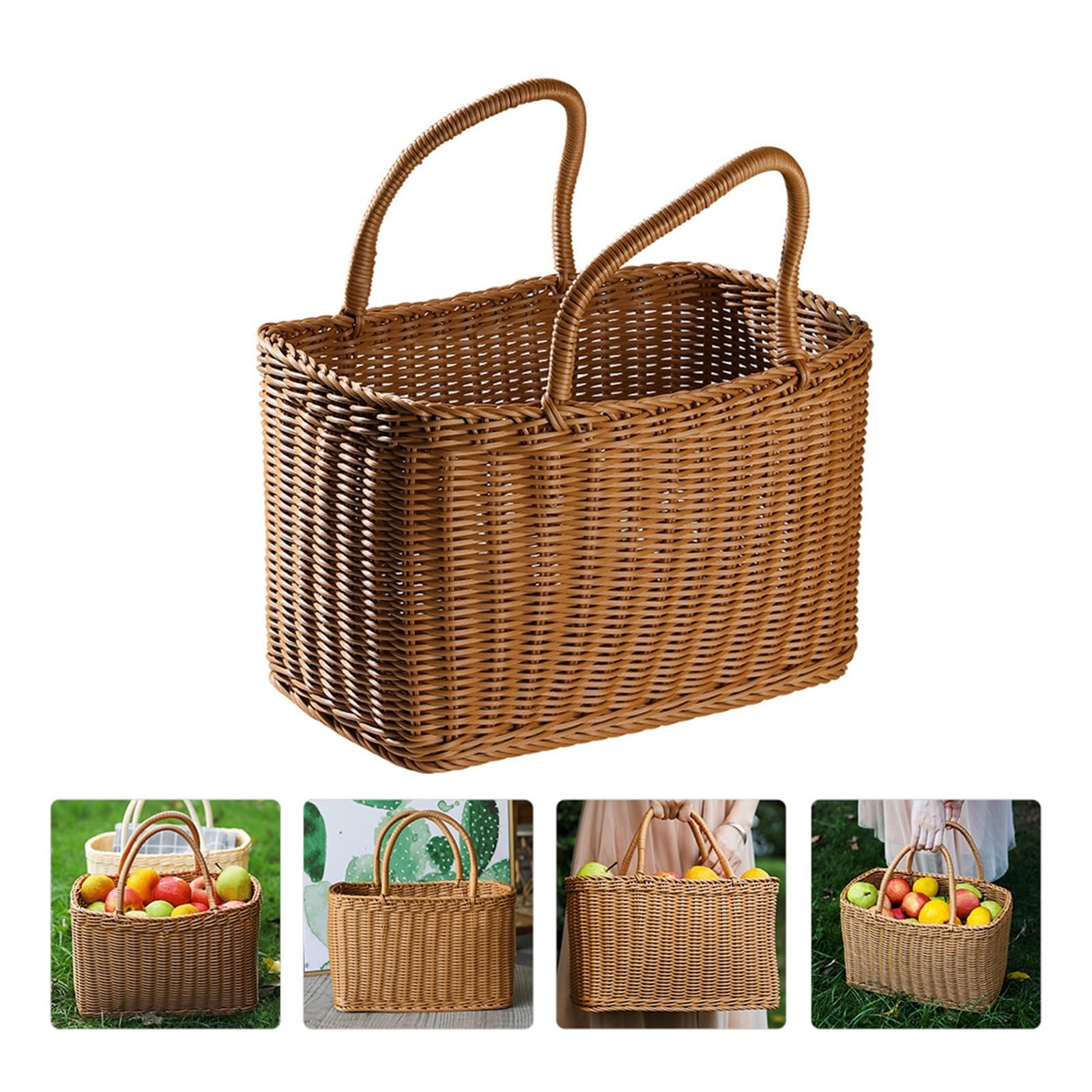 Panier Pique-Nique Panier de Rangement en Osier tissé, fourre-Tout en rotin Fleur Fruits Emballage Cadeau Plage Shopping Paille à Main Pique-Nique marché poignée paniers Sac Ensemble De Panier
