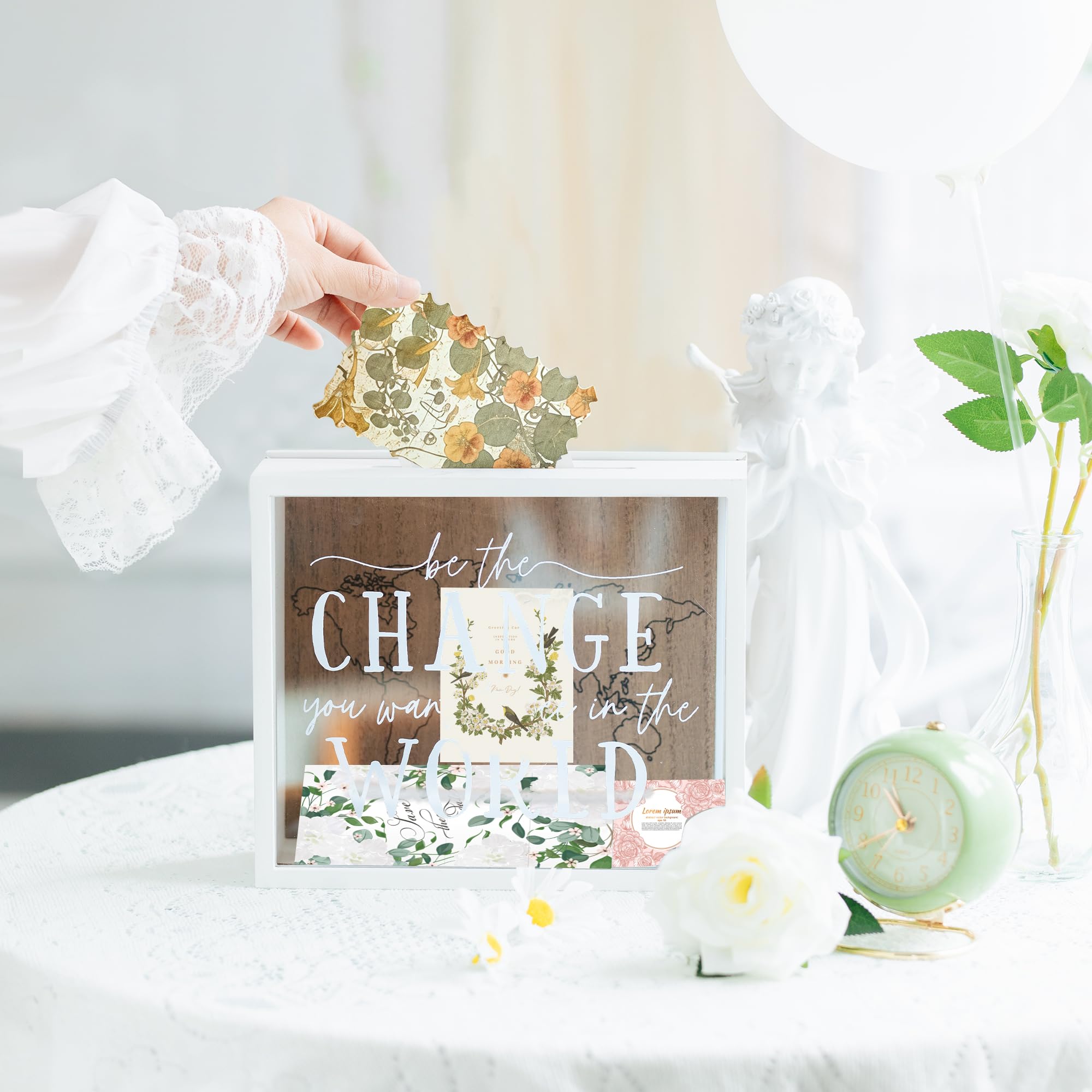 Defined Deco 8" x 7" x 3" Large Adventure Fund Moeny Box, Decoration Shadow Wooden Money Box, Travel Fund Card Box with World Map, Piggy Bank Wood Box for Coins Dollars and Tickets