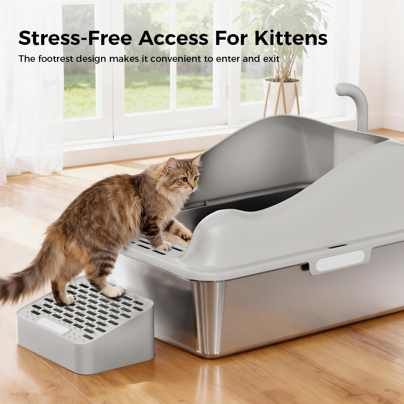 GTPLAYER XL Stainless Steel Cat Litter Box for Big & Multiple Cats, Easy Clean Odor-Resistant Design, High Sided Leak-Proof Litter Box with Mat & Scoop – Dark Grey - image 6