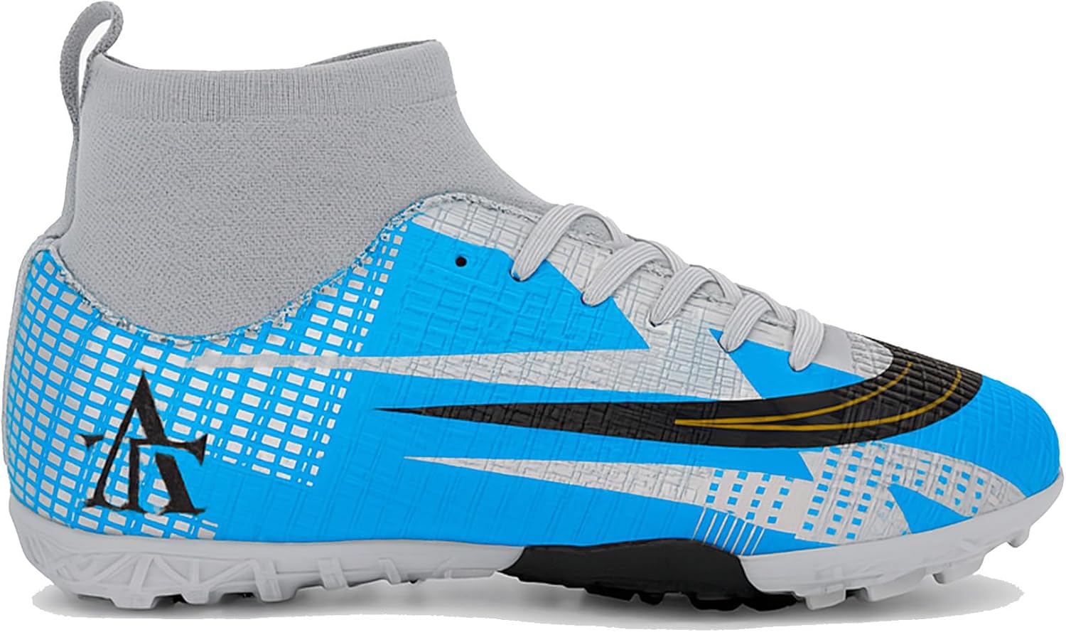 ALLKNIT Men's Soccer Shoes High-Tops Lace-Up Non-Slip Spikes Indoor Football Futsal TF Turf Cleats Blue/Grey