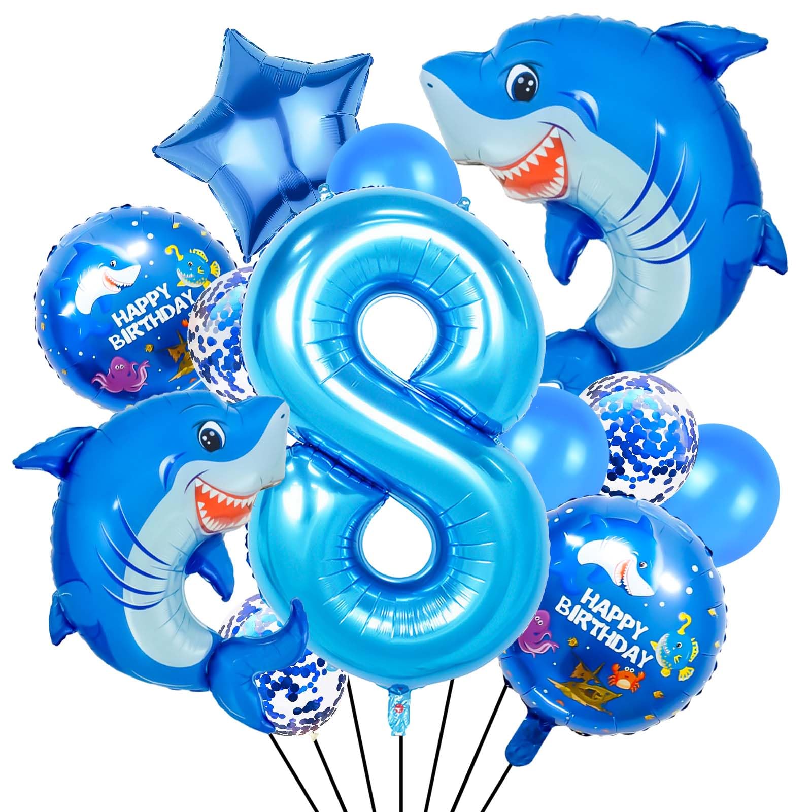 40 Inch 8 Balloon Number, Cute Blue Shark Balloons, Giant Foil Number 8 Balloons for Anniversary Supplies, Kids Birthday Party, Shark Themed Birthday