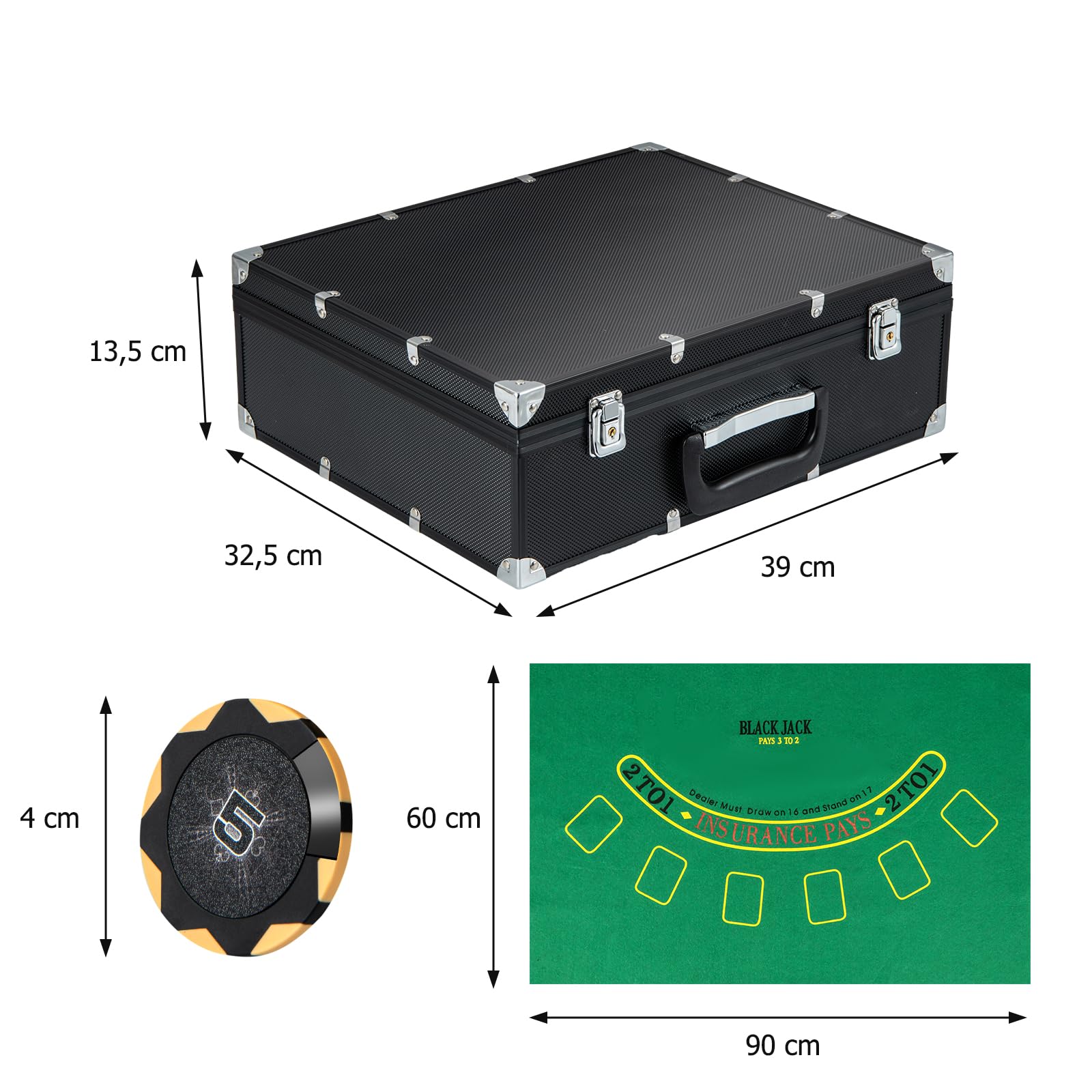 DREAMADE Pokerkoffer mit 300 Laser Poker Chips/ 2 Pokerkarten Set/Kartenmischer/Kartengeber/Spielmatte/ 5 Würfel/ 3 Dealer-Buttons, Poker Komplett Set Pokerset Profi Texas Hold'em (300 Chips)