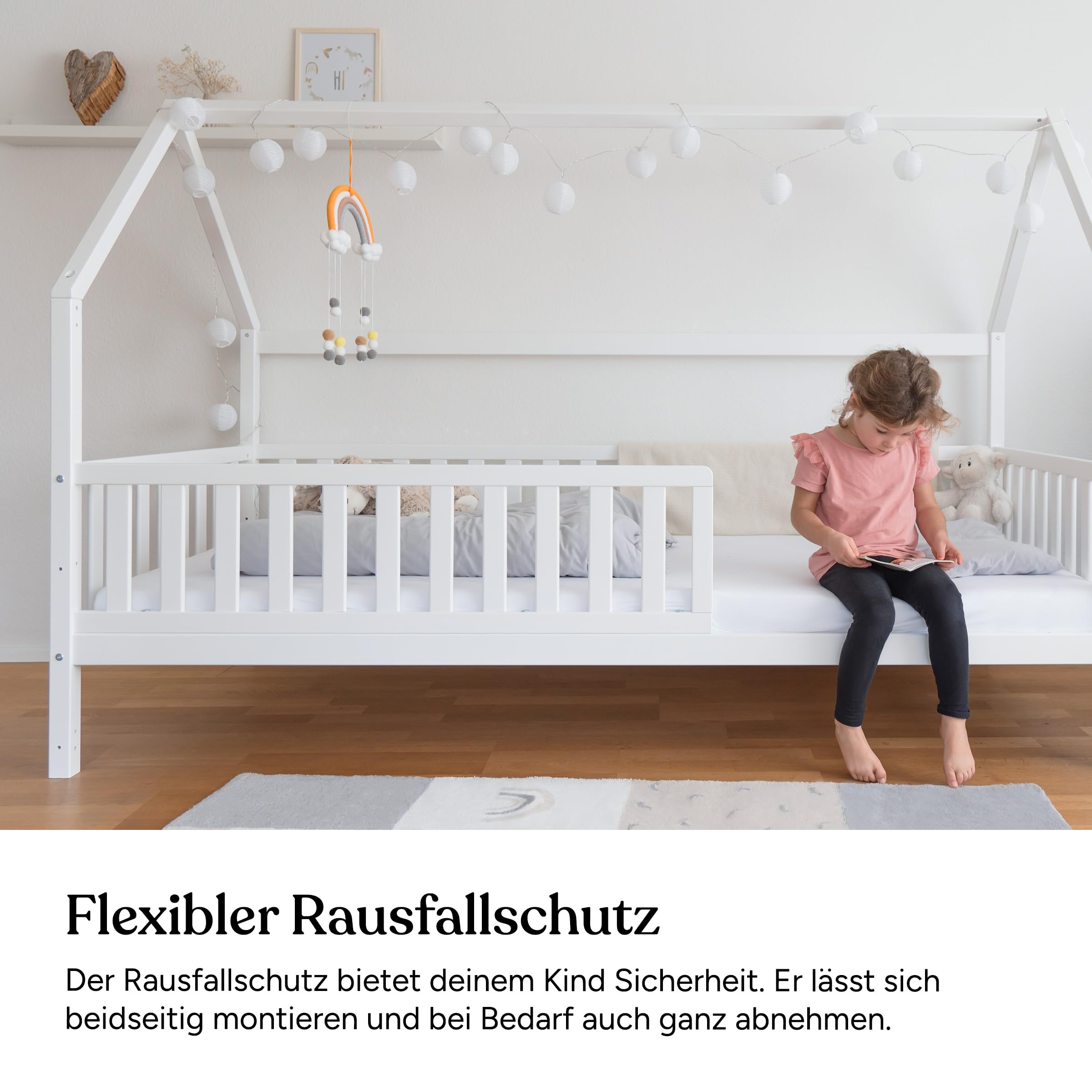 Ehrenkind® Hausbett Buche Livo | FSC Zertifiziert | Kinderbett mit Rausfallschutz | höhenverstellbar Massivholz | Kinder Bett | Hausbett 120x200 cm | weiß