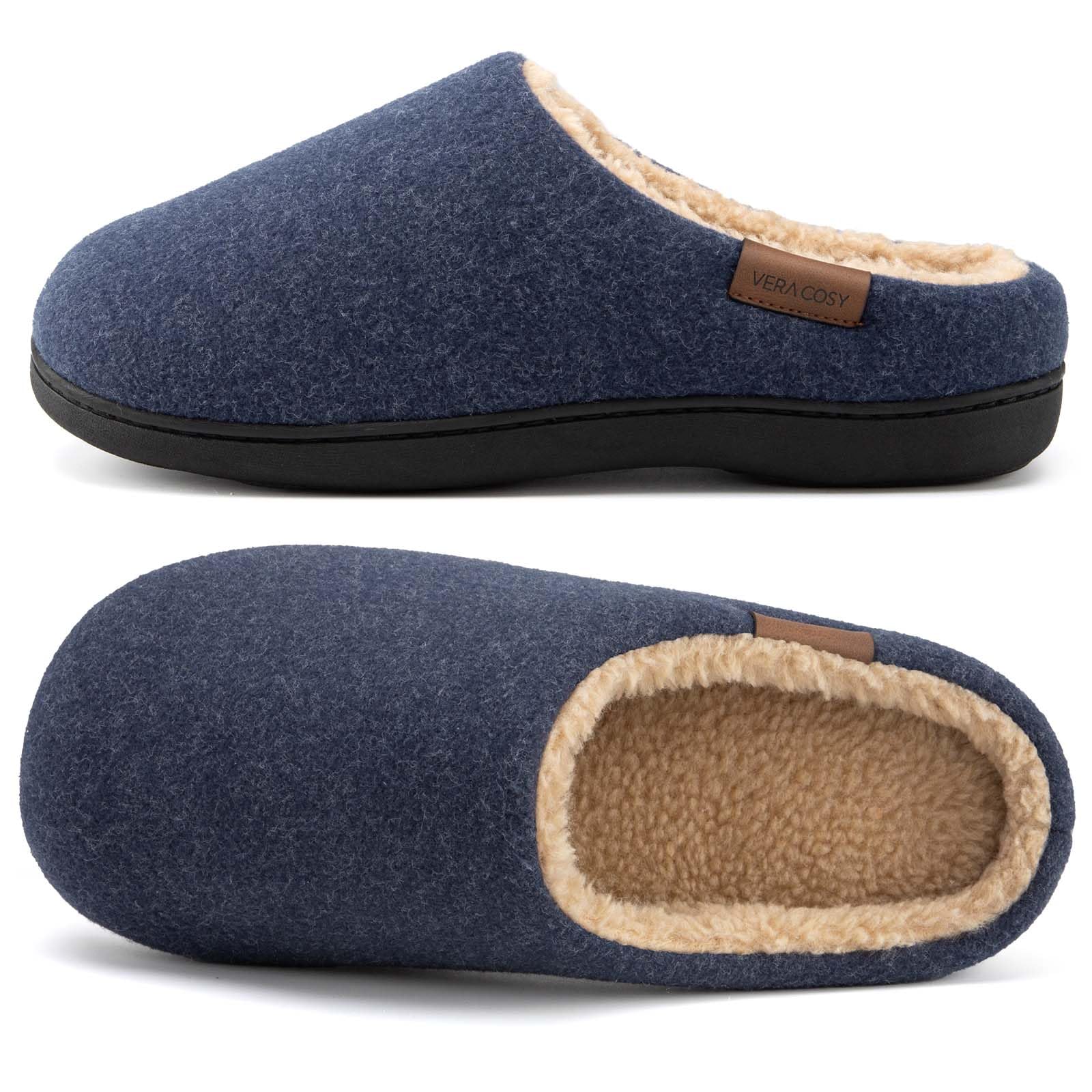 VeraCosy Men's Fuzzy Slip-on Slippers Warm Comfy Memory Foam Non-slip Indoor House Shoes