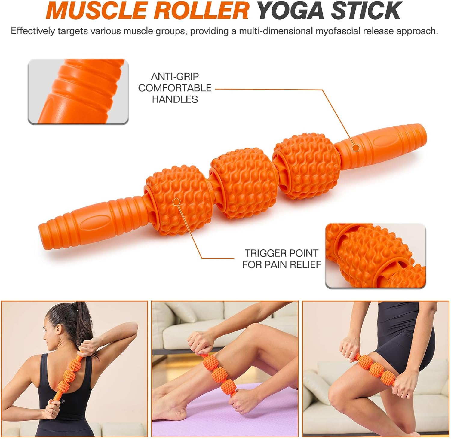 5 in 1 Foam Roller Set - Trigger Point Foam Back Roller, Muscle Roller Stick, Massage Ball, Stretching Band for Deep Muscle Massage Pilates Yoga,Fitness Exercise for Whole Body Release (Orange) - Image 4