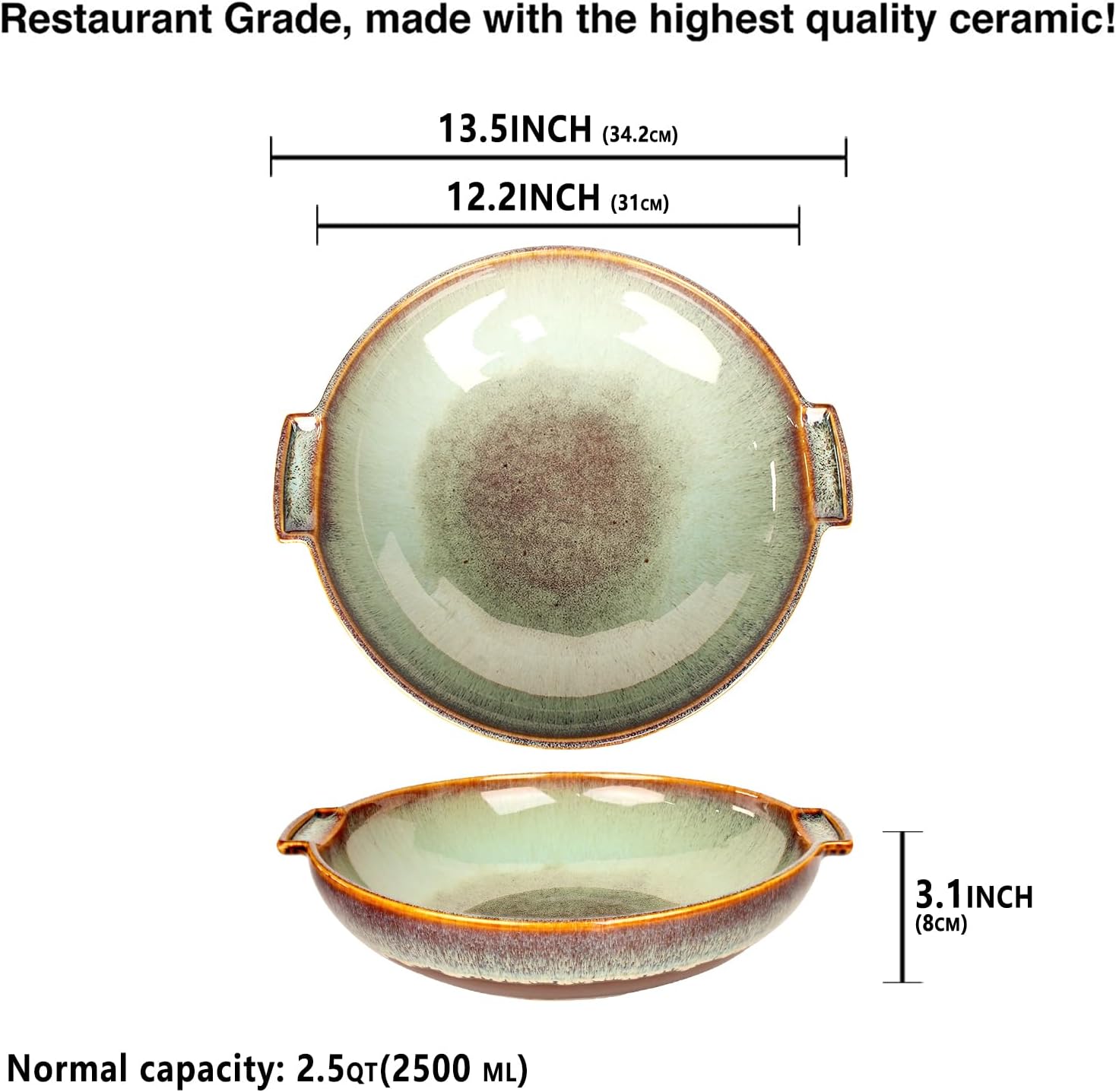 Round Casserole Dish, 2.5 Qt Ceramic Au gratin Baking Dish, Baking Pan with Handles or for mixing, salad, pasta bowl, Best gift for those who love baking, Microwave, Oven safe