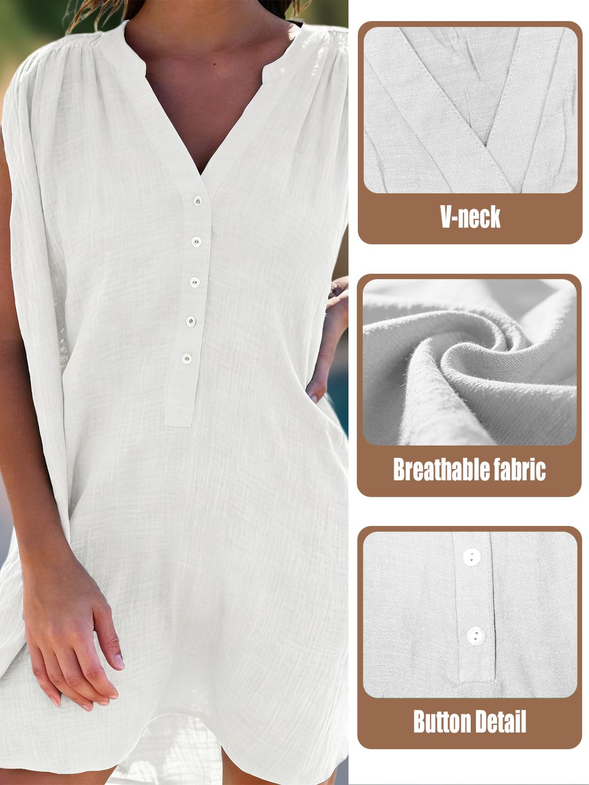 JFAN Camisolas Playa Mujer Verano Vestido de Playa Cuello V Camisa Sin Mangas Suelta de Bikini Cover Up Beachwear - 5