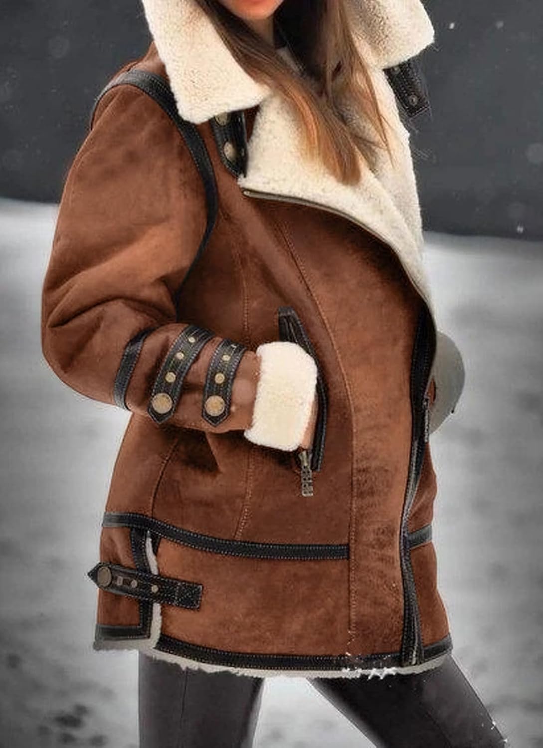 loveimgs Women Winter Long Suede Jacket Sherpa Fleece Oversized Faux Leather Jacket Moto Zip Warm Shearling Coat