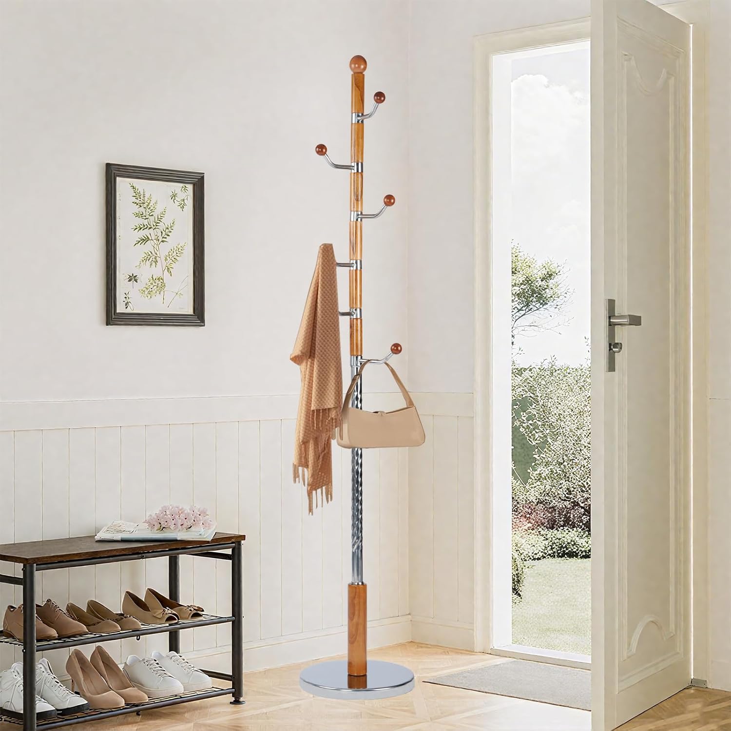 Wooden coat rack stand, Heavy duty coat racks tree freestanding with 6 Hooks and Sturdy Metal Base, Coat tree for jacket,Hats, Bags, Purses, clothes (Round base-Natural)