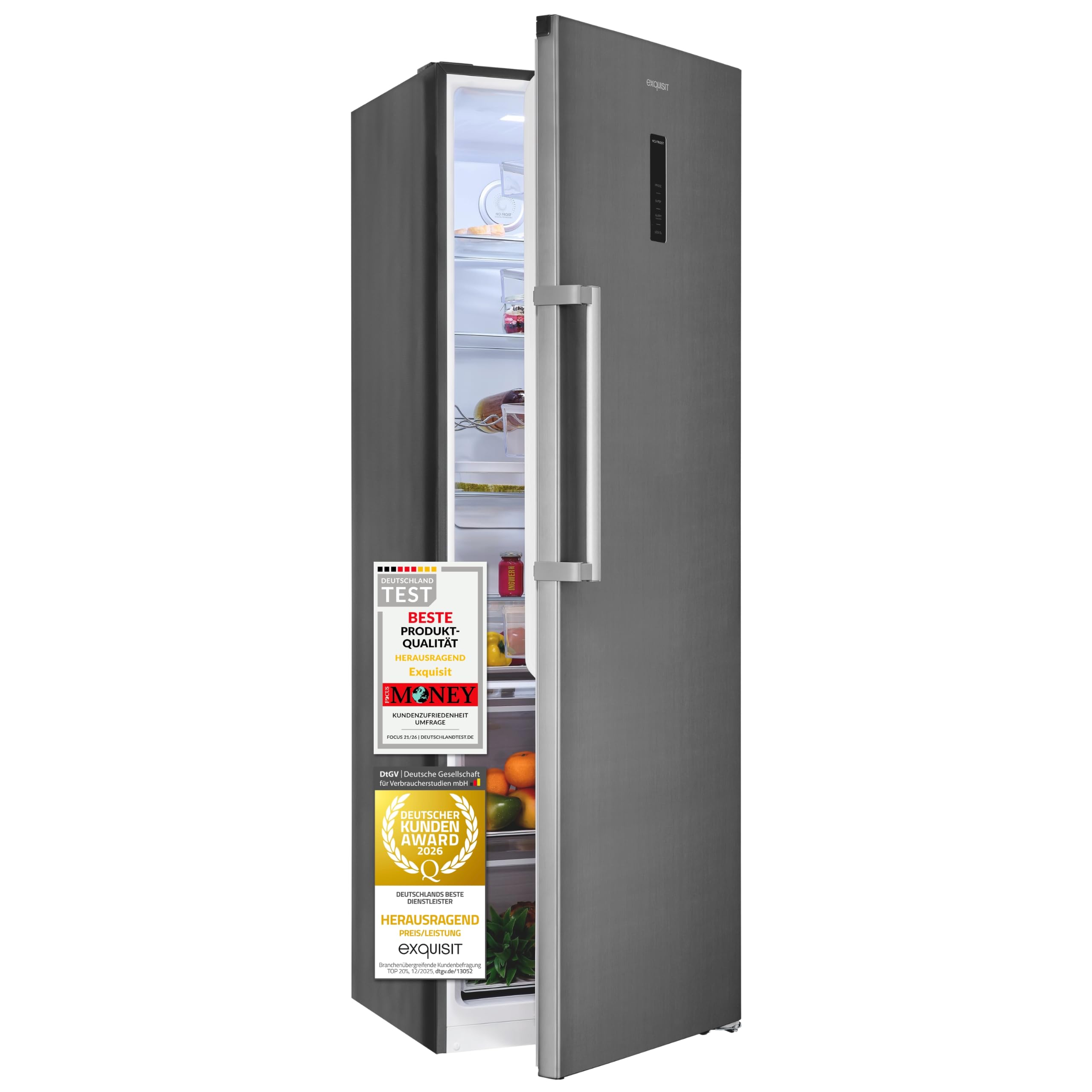Exquisit Kühlschrank ohne Gefrierfach, 359 Liter, No-Frost, Alarm-Funktion, 5 Ablagen, 4 Türablagen, Gemüsefach, LED-Beleuchtung, Vollraumkühlschrank, KS360-V-HE-040D inoxlook