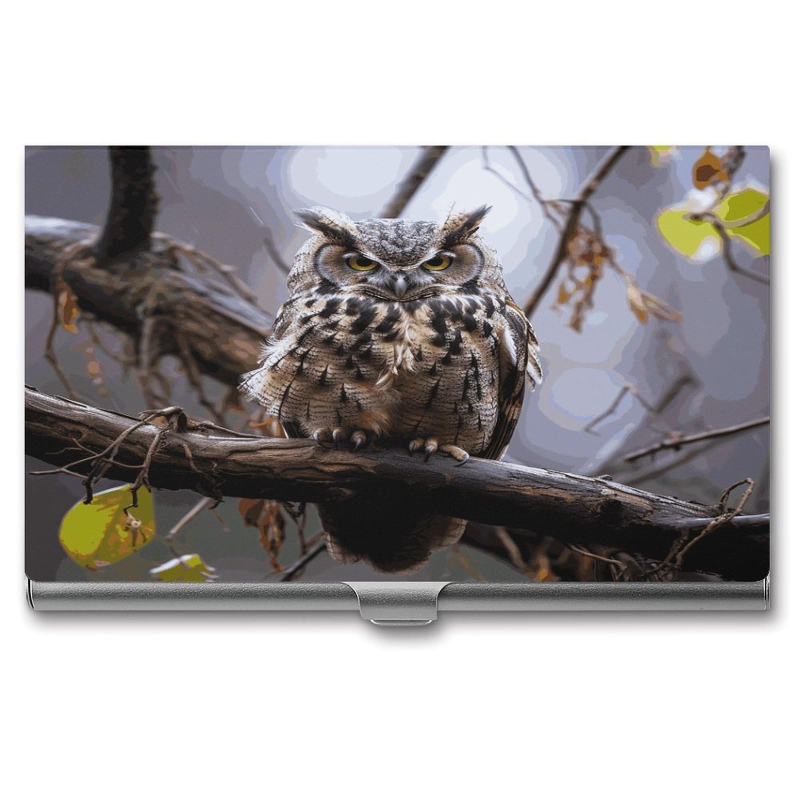 LDGSUPH Owl on A Branch Business Card Holder Fashion Slim Name Card Holder Minimalist Design Case Metal Card Carrier Personalized Business Card Case with Flip for Men Women