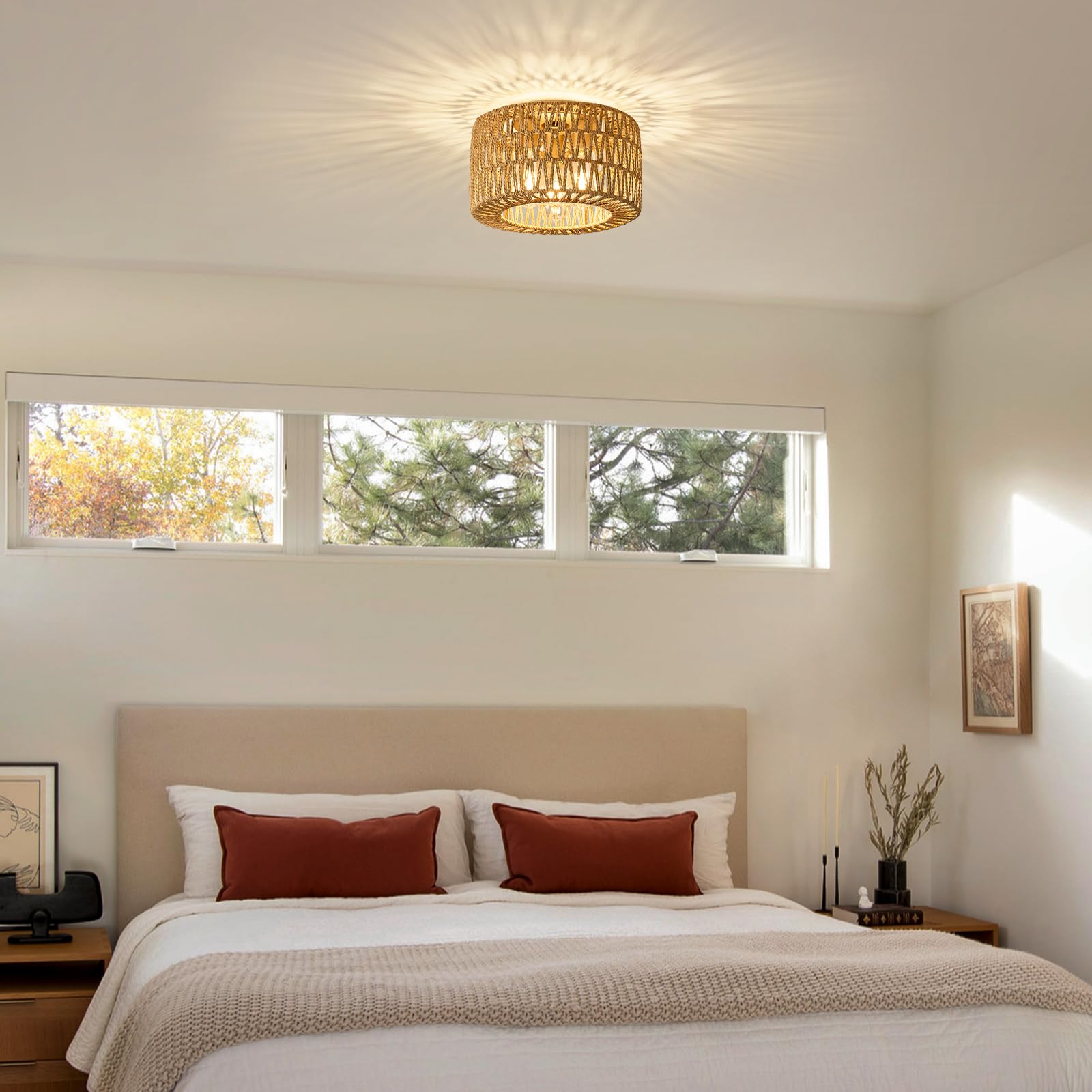 Qamra Deckenleuchte Boho Gold,3-flammige Rund Rattan Lampenschirm,Deckenlampe Rustikal Vintage E27, ohne Leuchtmittel,32cm für Schlafzimmer Wohnzimmer Esszimmer Küche Flur