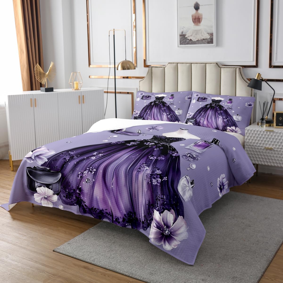 Erosebridal Purple Girly Dress Twin Size Bedspread Set Fashion Women Dress Coverlet Sets Romantic Makeup Themed Quilt Sets for Girls Teen Women,Violet Floral Coquette Perfume Bed Set