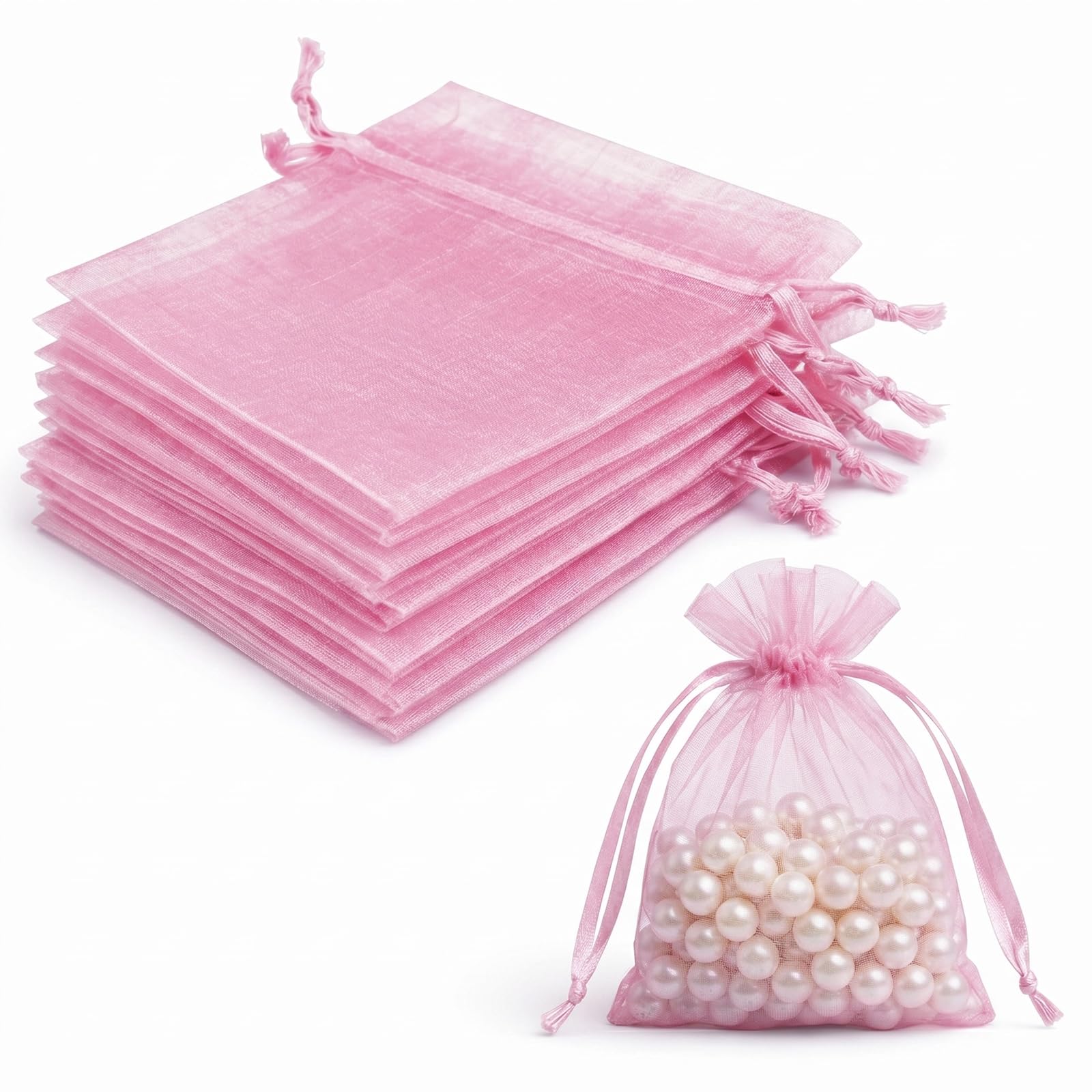 Lafefe 20Pcs Organza Gift Pouches, 10x15CM Clear Mesh Drawstring Pouches, Organza Gift Bags for Wedding Favours, Party, Festival, Candy and Game Favour Bags - Pink