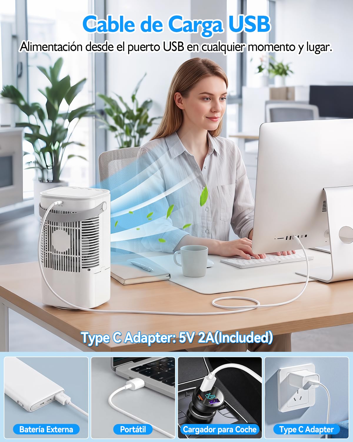 Refroidisseur d'air 4 en 1, mini climatiseur portable avec réservoir 900 ml, 3 vitesses, 2 modes de nébulisation, minuterie 2H/4H, oscillation 90°, USB-C, 7 lumières LED, idéal pour chambre/bureau