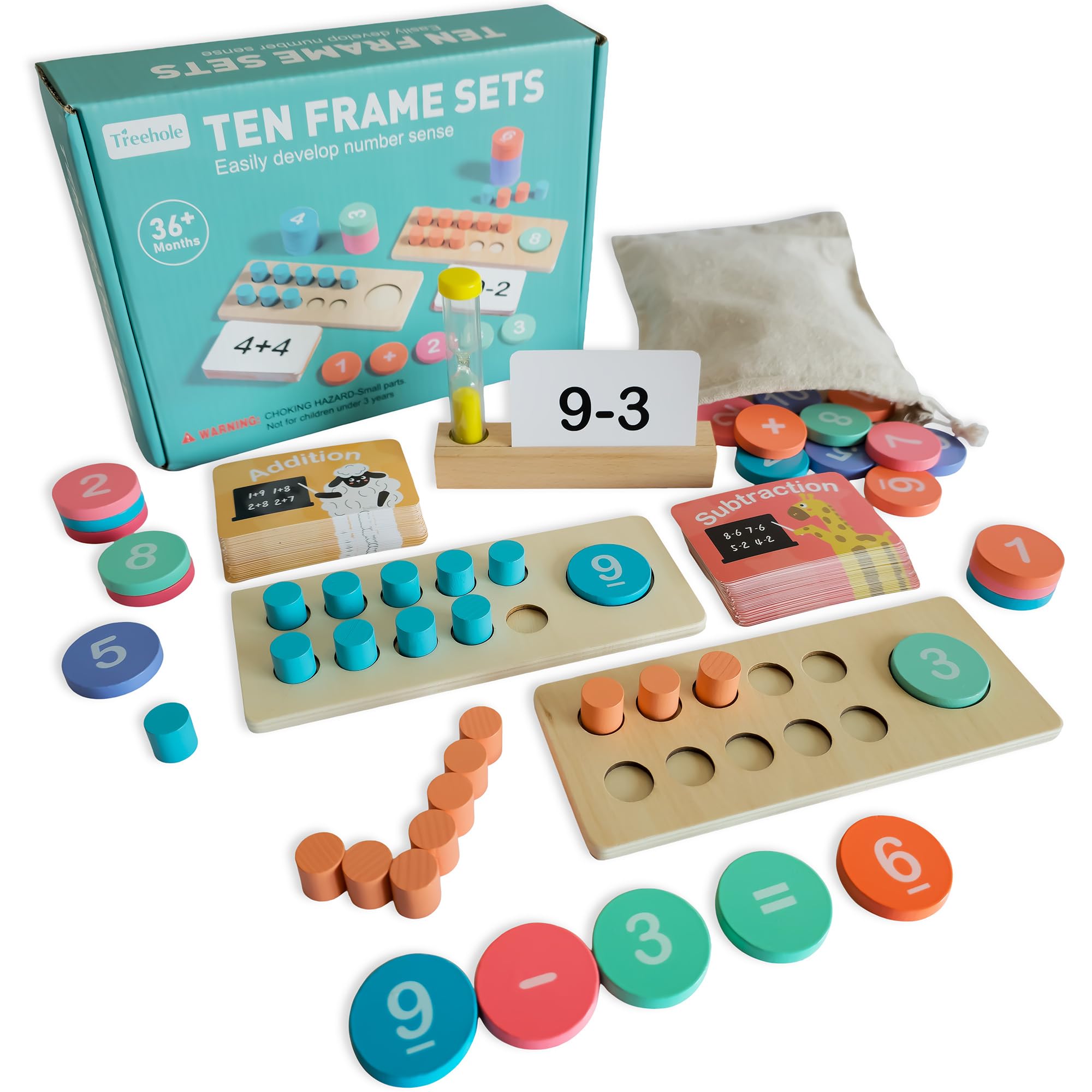 Wooden Counting Peg Board Toddler Toys, Ten Frame Set Montessori Educational Learning, 143 Pieces Math Manipulatives Preschool Number Counting Games, Flashcards Hourglass & Stand Classroom Must Haves