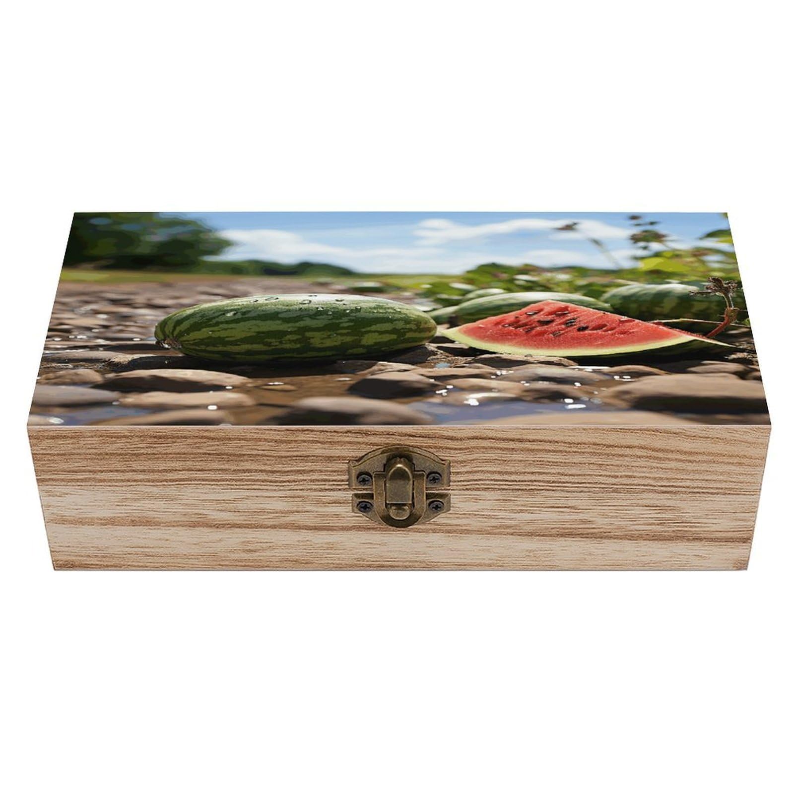VstaDank Watermelon on The Ground Wooden Keepsake Box with Hinged Lid Solid Wood Gift Boxes Beautifully Keepsake Box Jewellery Organiser Retro Memory Treasure Case with Lids Decorative Boxes