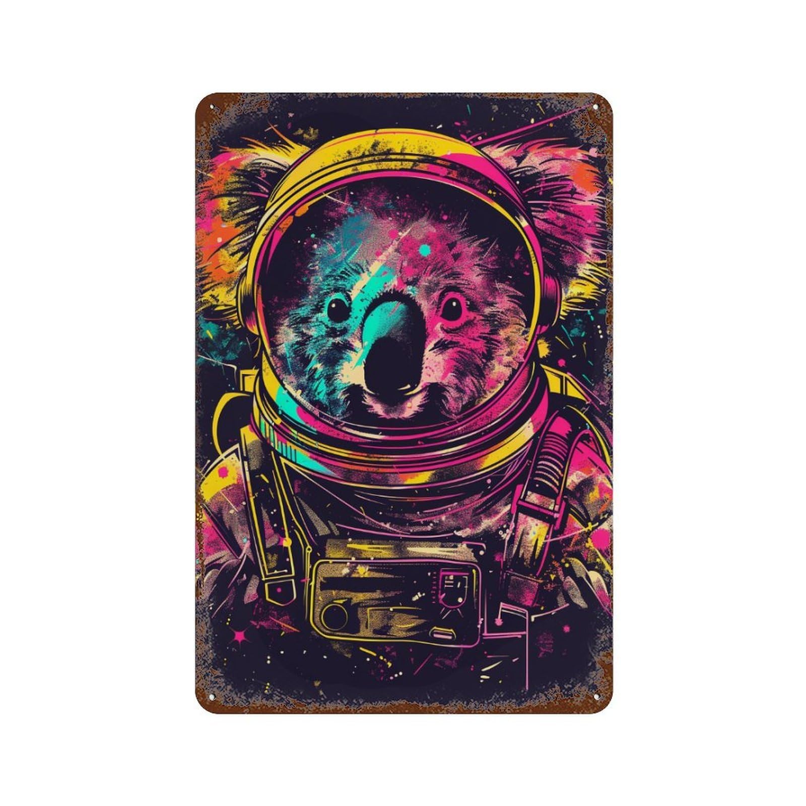 Distressed Metal Wall Sign Koala Astronaut Space Art Print 11.8"x7.9", Rustic Home Decor for Farmhouse, Kitchen And Entryway Decor