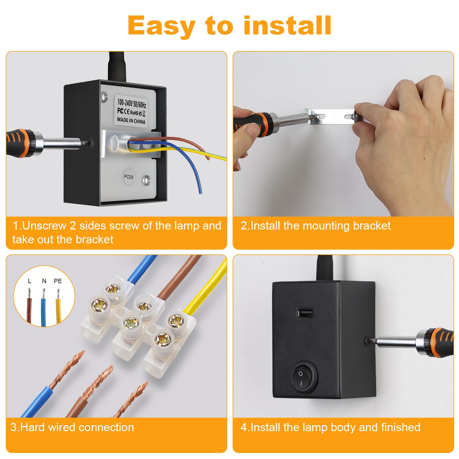 Lampada da Lettura a LED da Parete 3W con Collo d'oca Flessibile 360° USB 3000K Nero