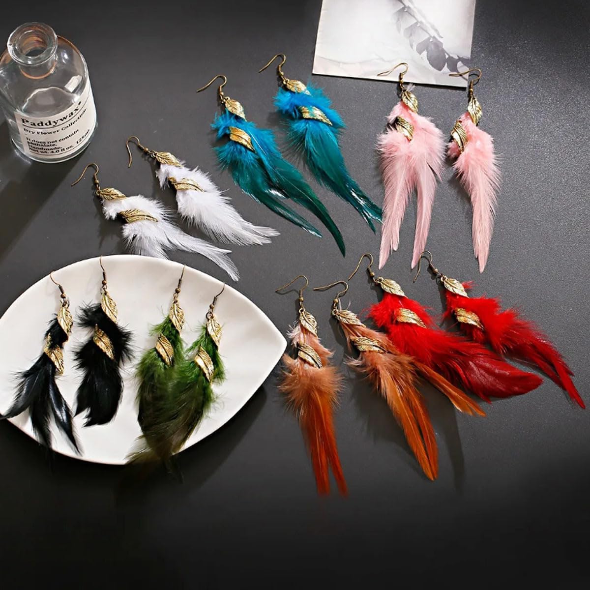Bohemian Handmade Long Feather Earrings for Women Boho Vintage Alloy Leaf Tassel Earrings Lightweight Statement Feather Drop Dangle Earrings Multicolor Tassel Handmade Feather Dangling Earrings Jewelry Gifts - Image 4