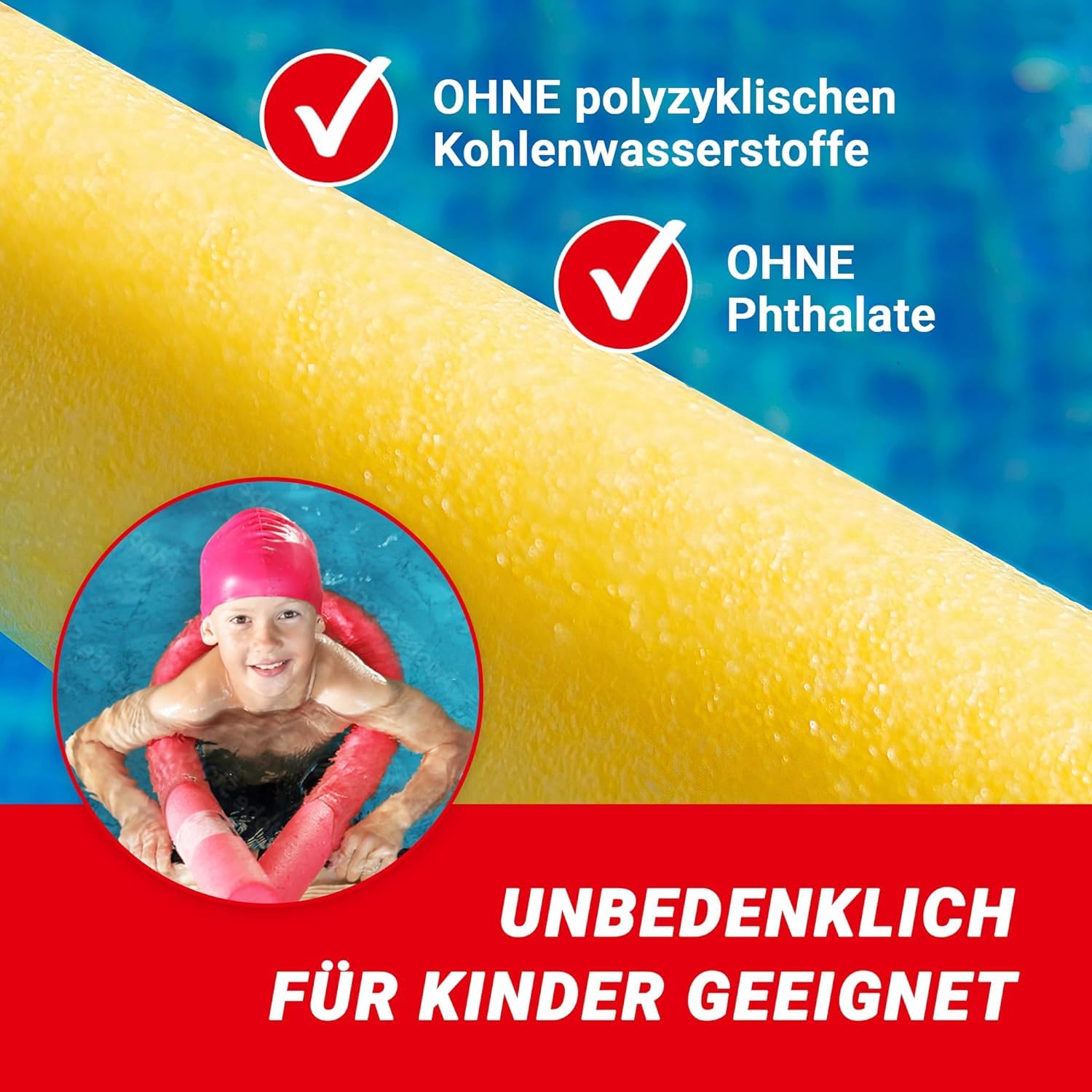 Conipa® - 4 Stück Schwimmnudel (160 x 7 cm) für Kinder & Erwachsene INKL. Loch-VERBINDER (Schaumstoff) - Poolnudel Set ab 3-10 Jahre (Made IN Europe) - Pool Wassernudel & Spielzeug