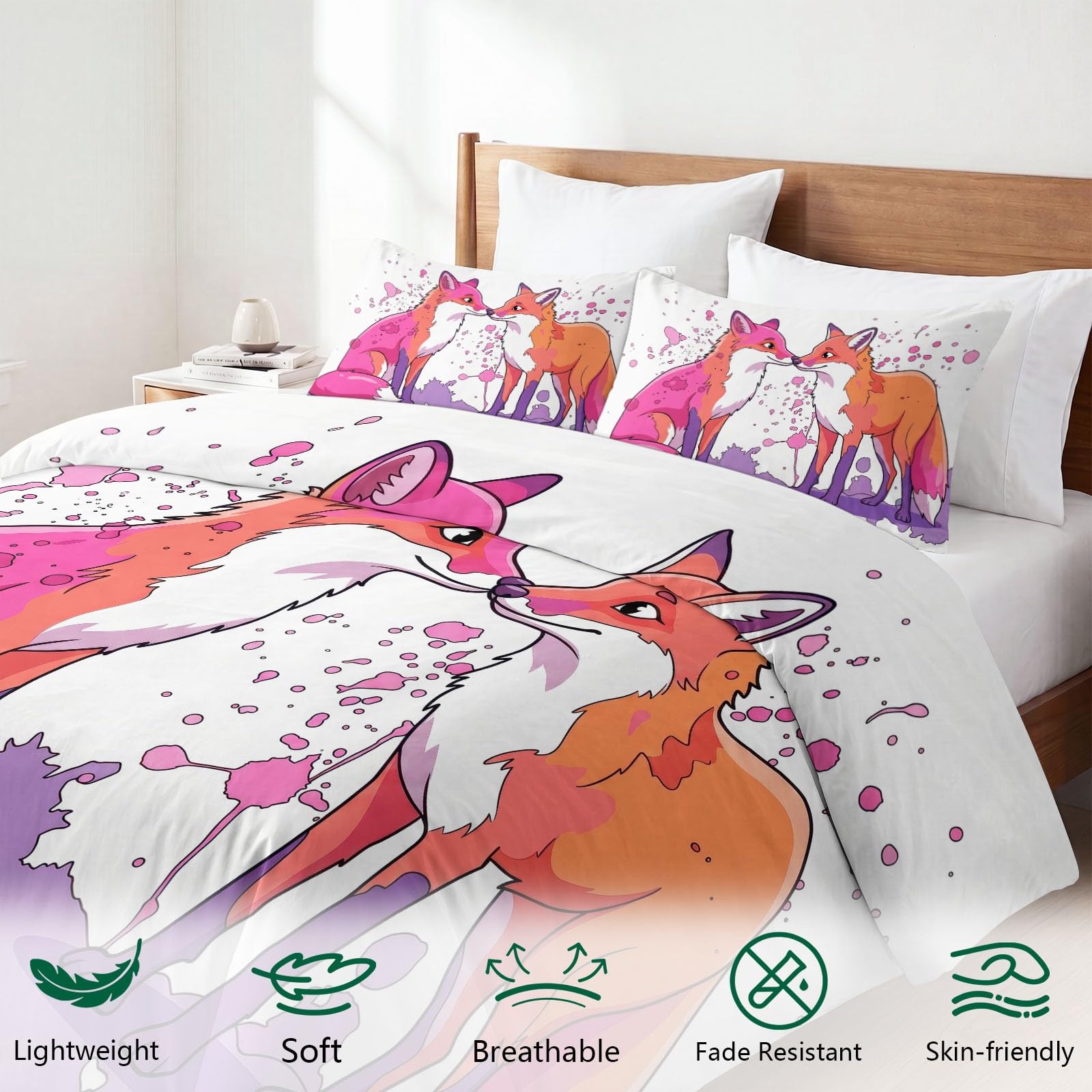Generisch Bettwäsche Set 3-teilig 200 x 200 cm, Aquarell Kinderbettwäsche Mikrofaser mit Reißverschluss - Bettbezug Tiere Fuchs Herzform für Jungen Mädchen Weiß Bettwaren